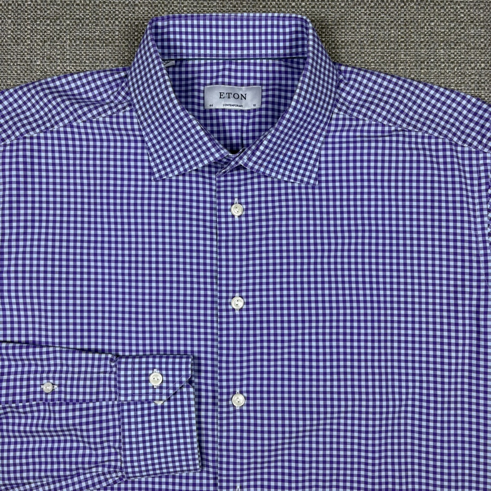 Eton Men’s Shirt 18 46 Long Sleeve Purple White Plaid Contemporary 100% Cotton