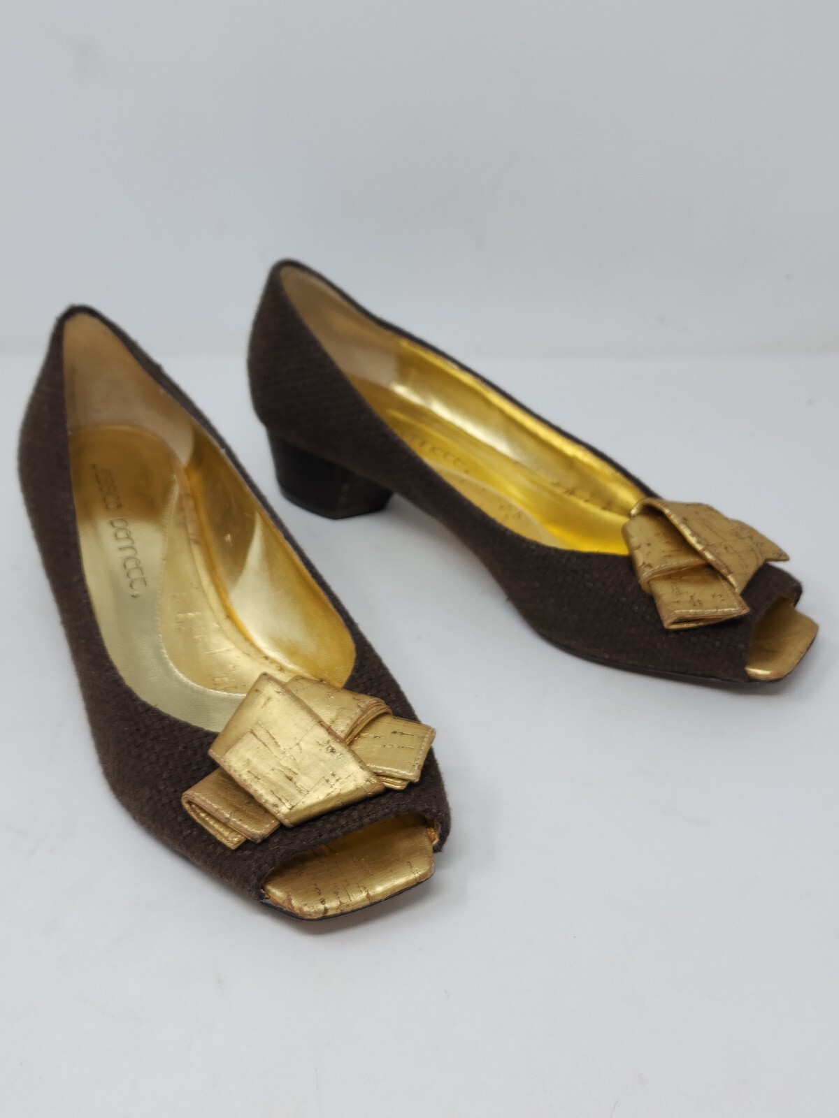 Jessica Bennett Womens 8.5 Brown Woven Fabric Peep Toe Heel Slip On Gold Bow