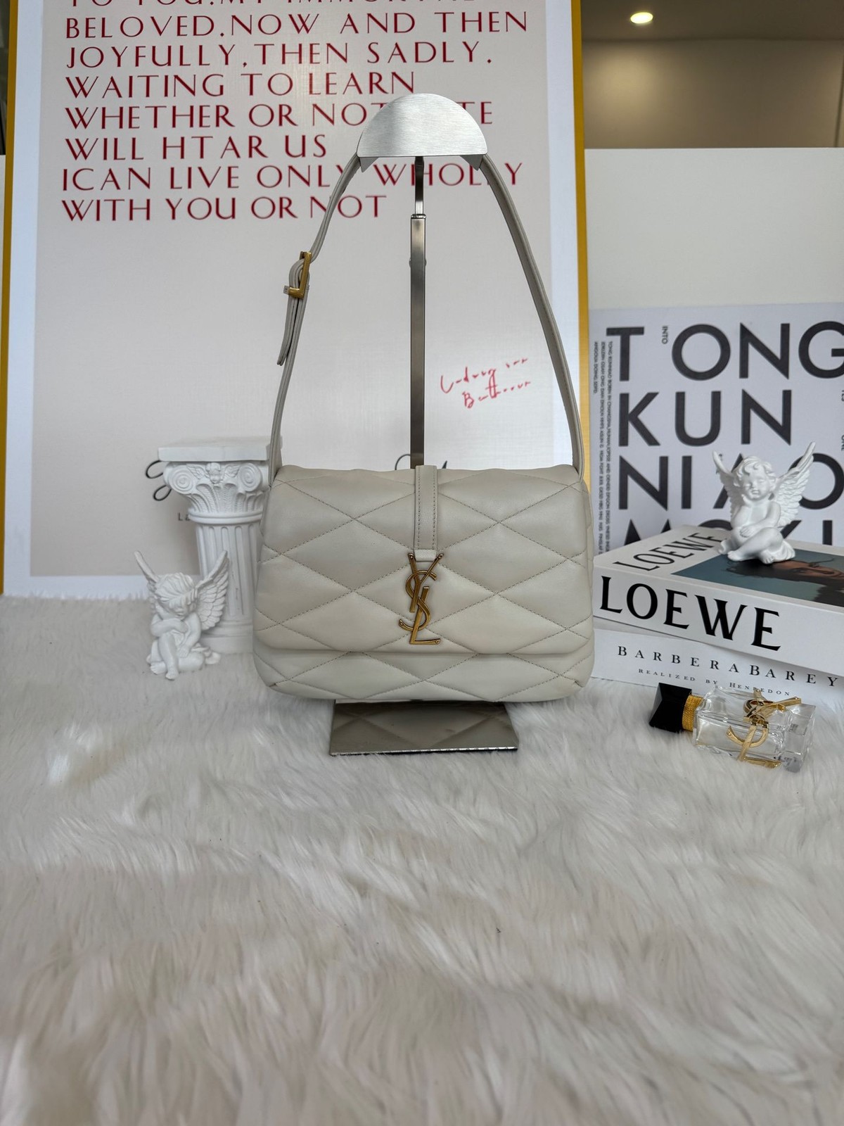 Saint Laurent Puffer Hobo Shoulder Bag White Leather GHW Adjustable Strap Auth
