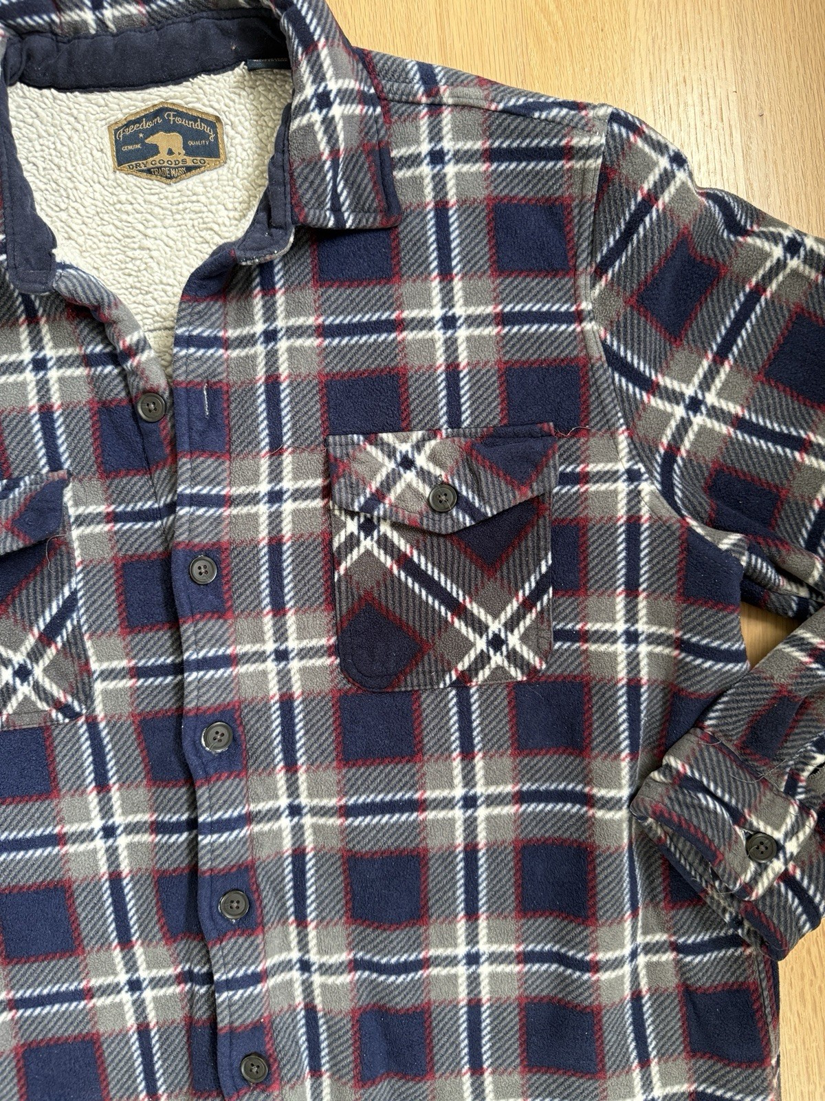 Freedom Foundry Men’s Button Down Shacket Plaid Fleece Flannel Sherpa Lined Sz L