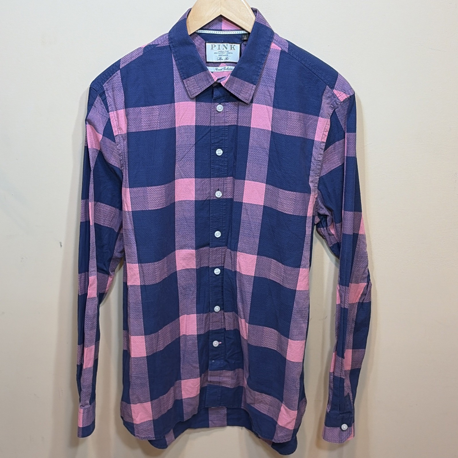 Thomas Pink Shirt Mens 16.5 L SLIM Blue Pink Check Button Up Casual Collection