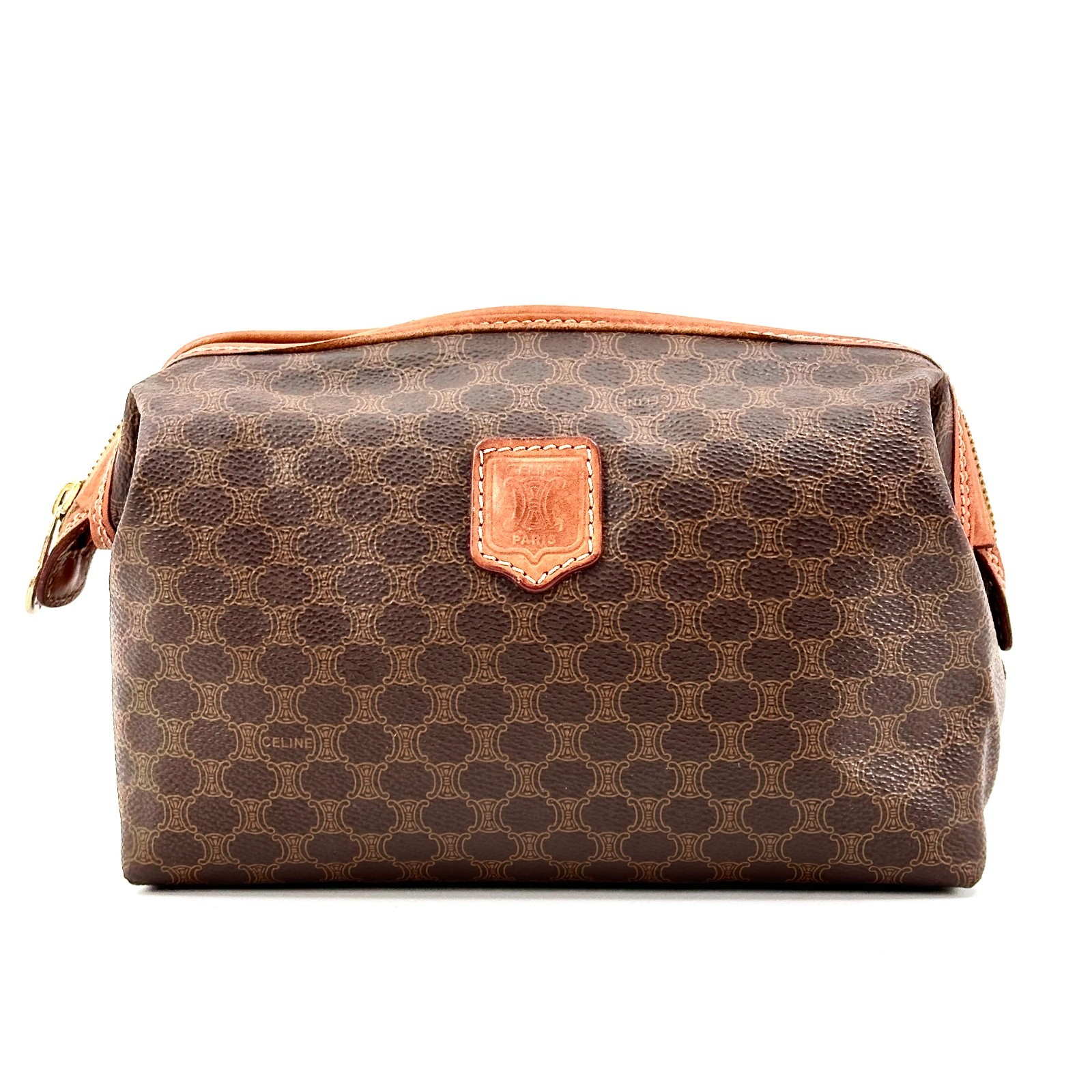 CELINE Macadam PVC Leather Cosmetic Pouch Vanity Brown Gold Auth