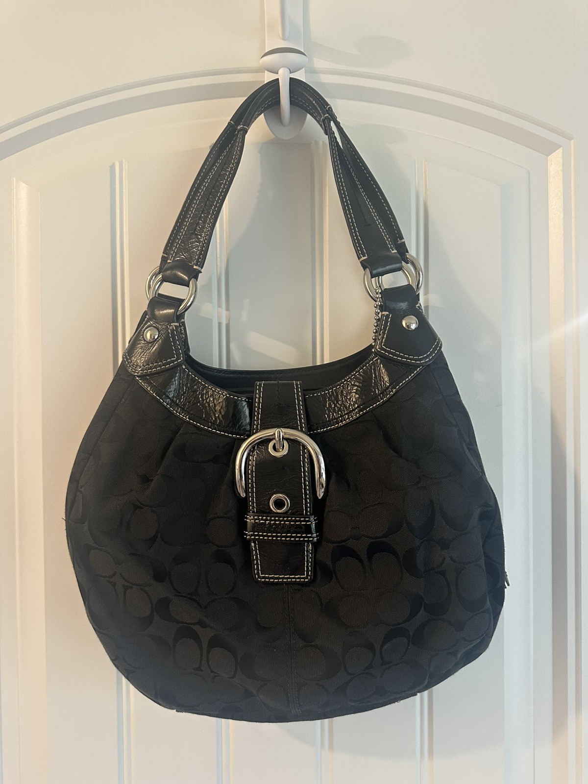 Coach Soho Lynn shoulder bag, black signature jacquard fabric black leather trim
