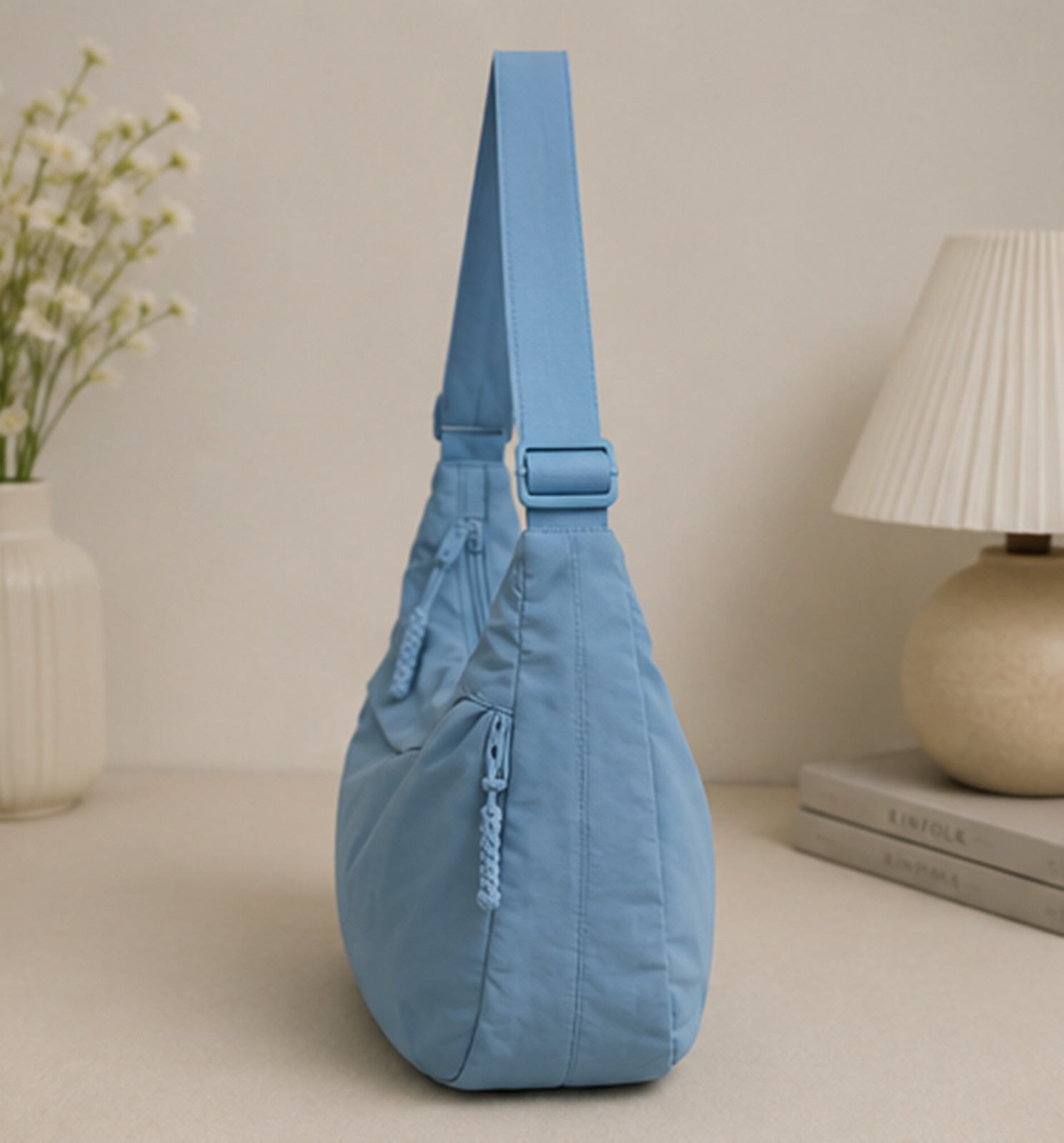 Blue Minimalist Bag, Neutral Half Moon Shoulder Bag