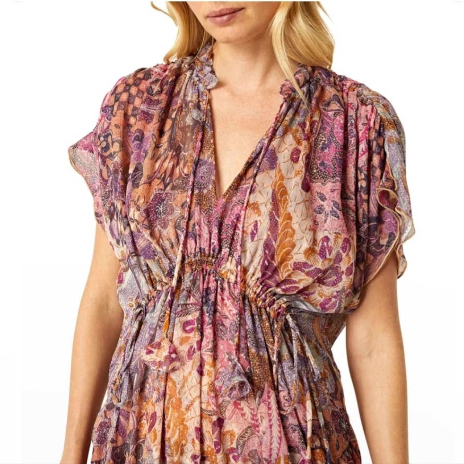 MISA Los Angeles Size Large Ilya Boho Pink Batik Sheer Short Sleeve Midi Dress
