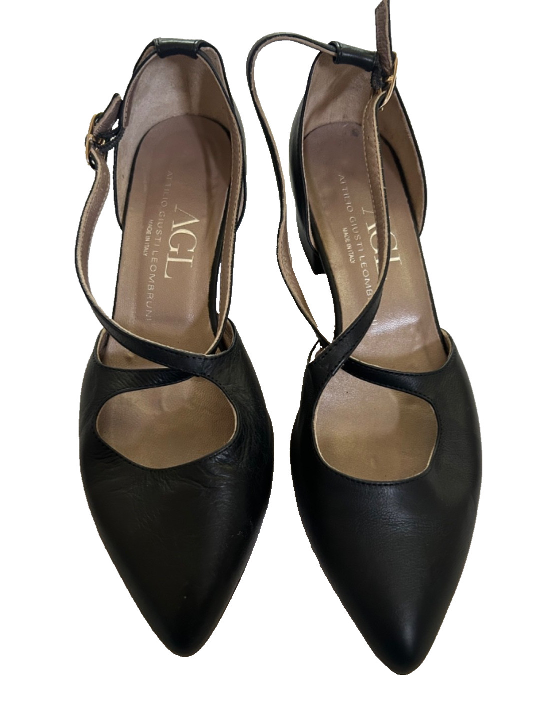 AGL Attilio Giusti Leombruni Sling Back Black Heels 37.5 Leather Made in Italy