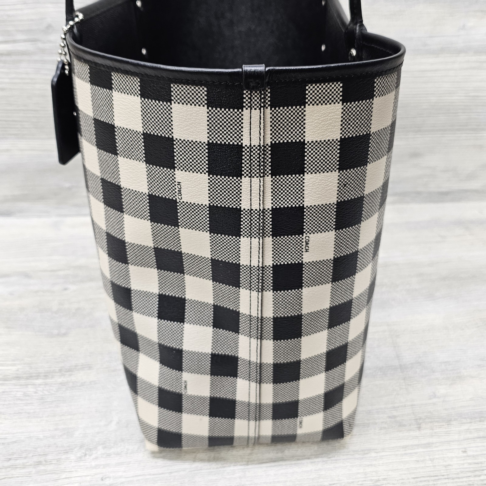 Coach Reversible City Tote Black Crossgrain Leather Checkered Buffalo Plaid Bag