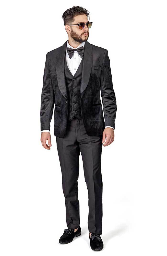BLACK Shawl Lapel VELVET 3Piece Vested Slim Fit Tuxedo 1Button Black Pants AZAR