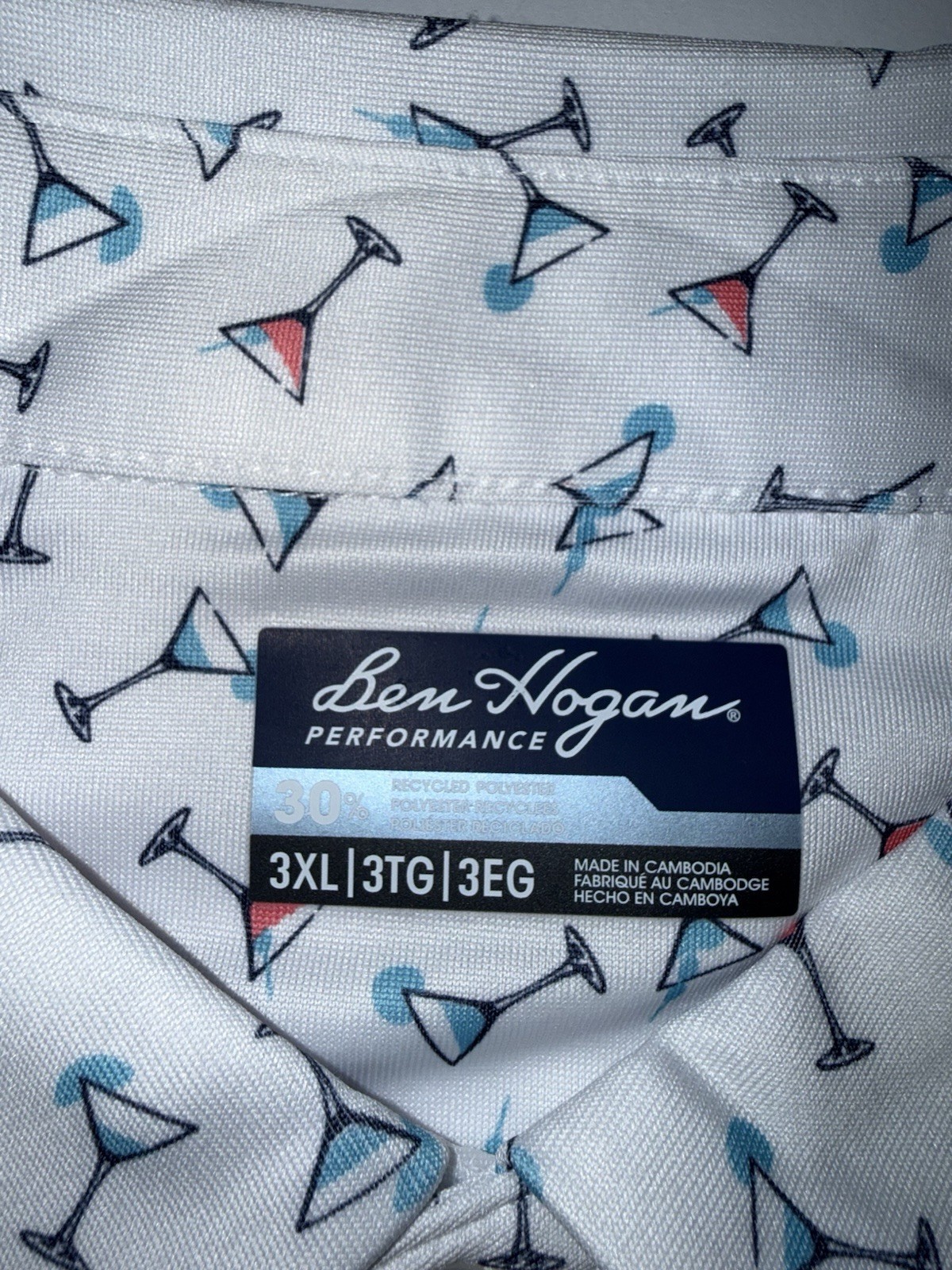 Ben Hogan Men’s Polo Shirt 3XL White Martini Print Performance Golf NWT