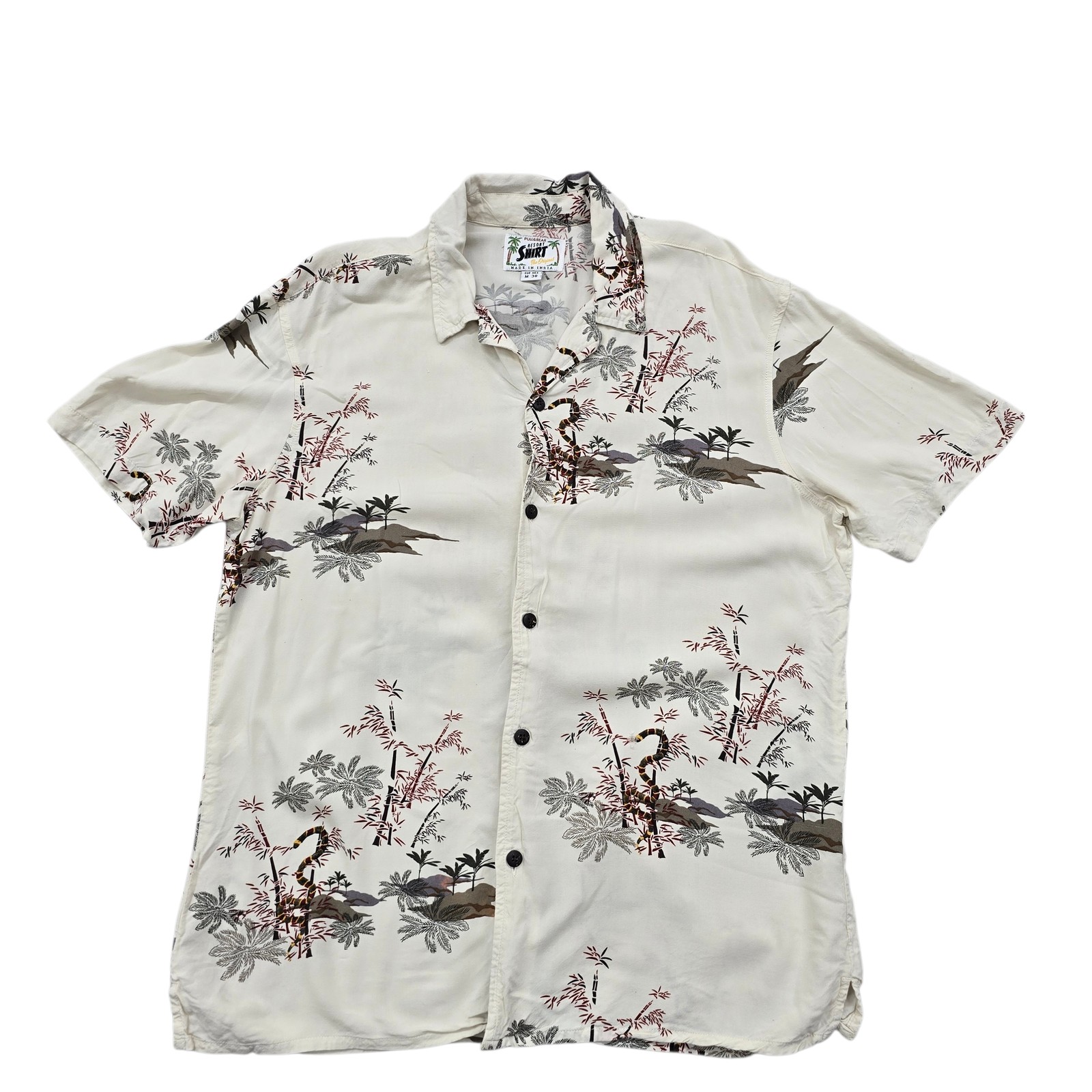 Pull & Bear Mens Shirt M Cream Tropical Bamboo Bird Resort