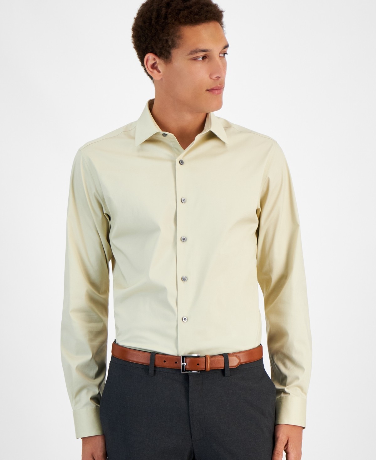Alfani Mens Slim fit Dress Shirt Small 14-14.5 32-33 Beige Solid