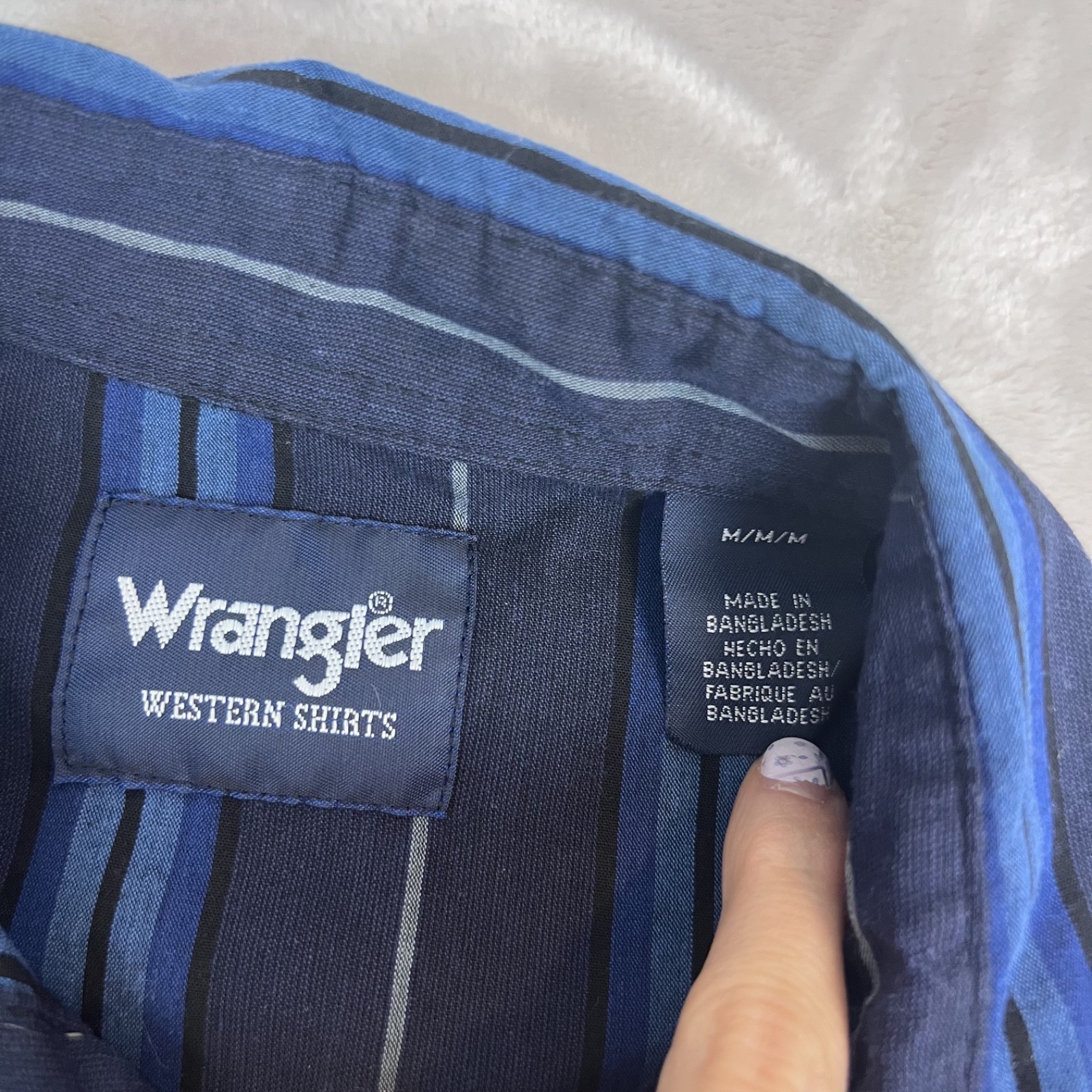 Vintage Wrangler Shirt Mens Medium Blue Striped Pearl Snap Cowboy Western Rodeo
