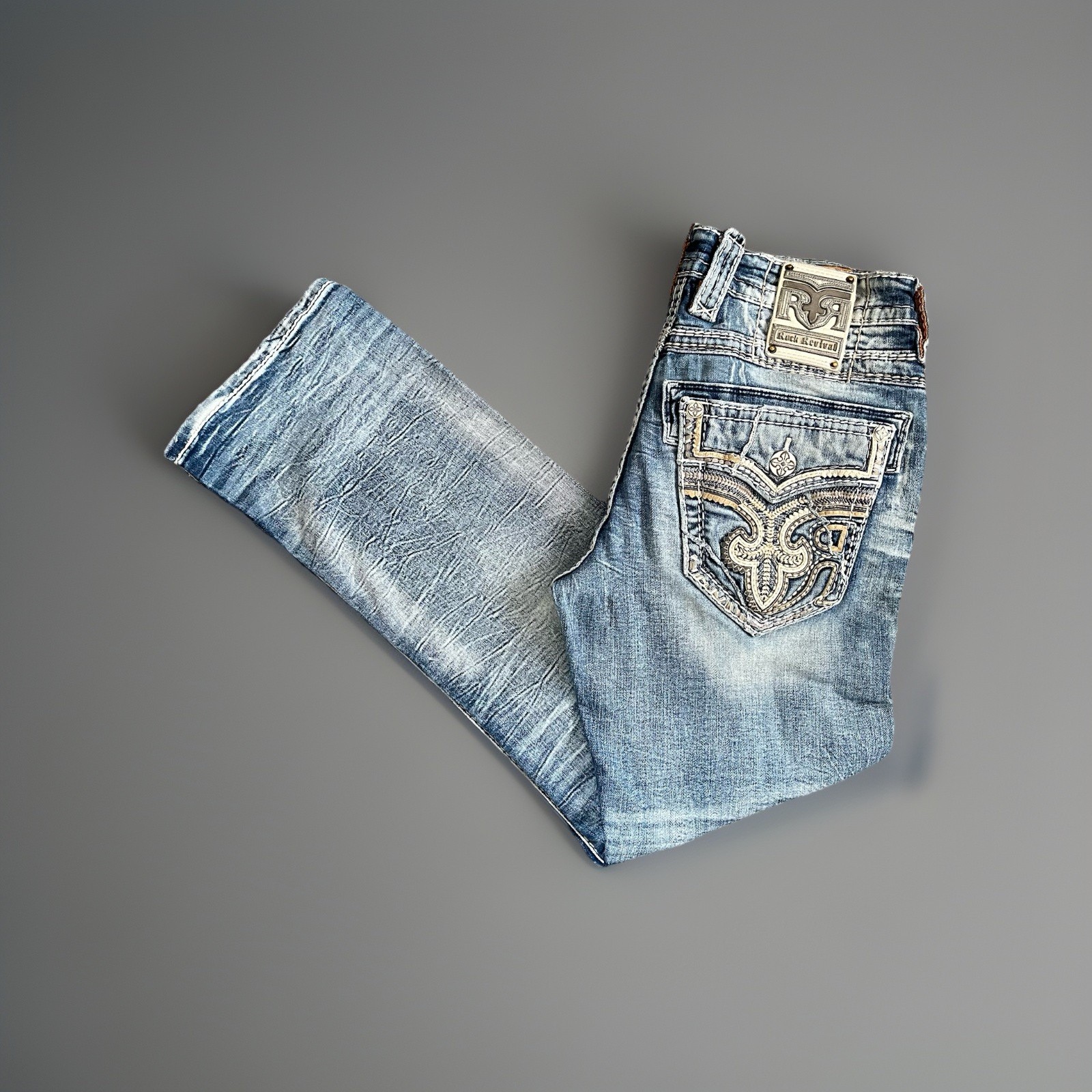 Rock Revival Mens “Tad” Bootcut Jeans Mens 31×30 Blue Denim *READ* FLAW
