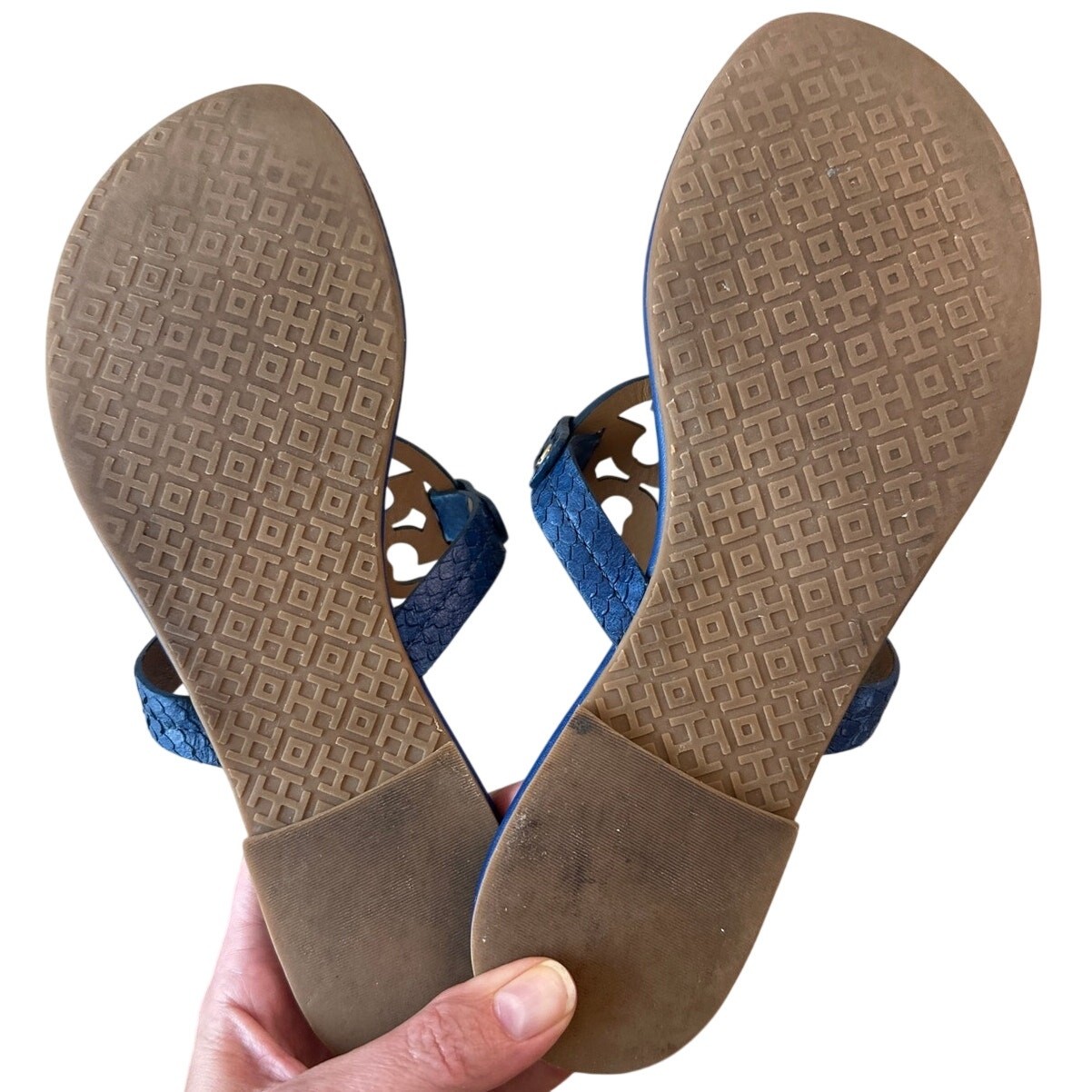 Tory Burch Miller Laguna Blue Snake Embossed Sandals Size 7.5