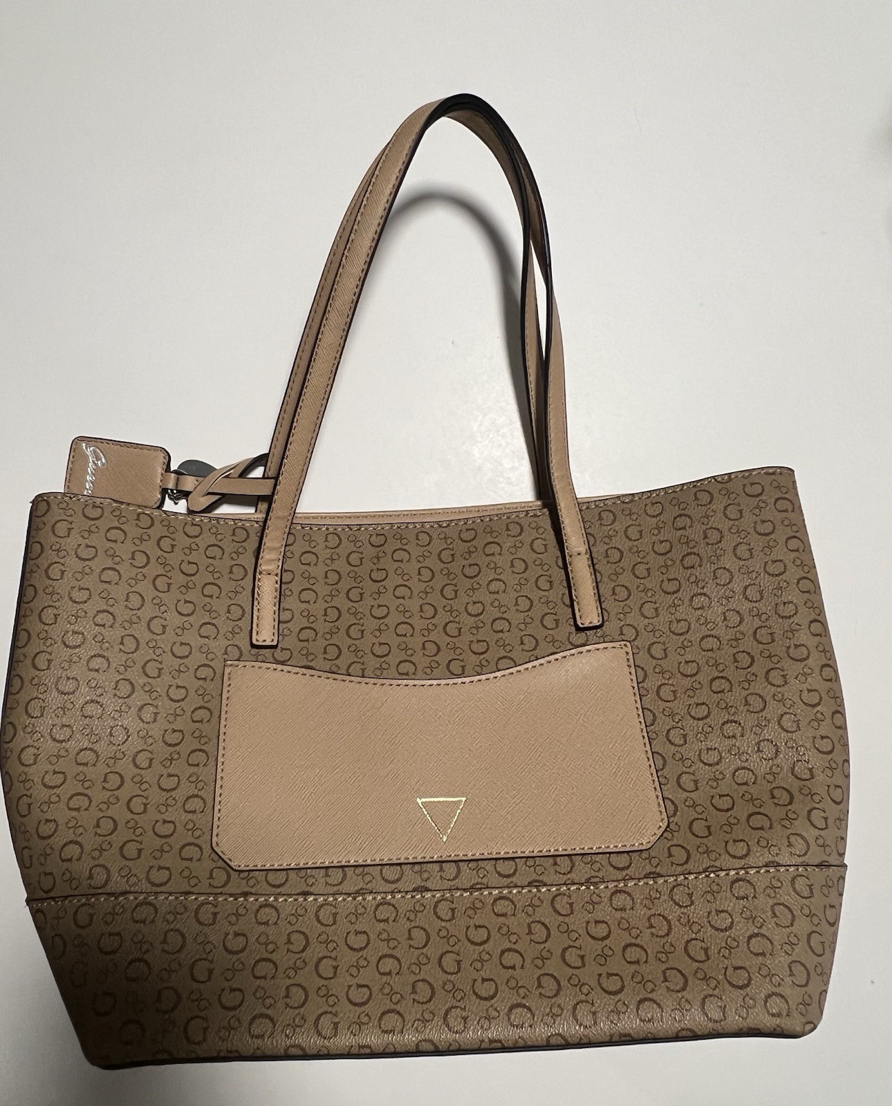 GUESS Women’s Beige Logo Tote Bag, Large, Zip Closure, Detachable Strap