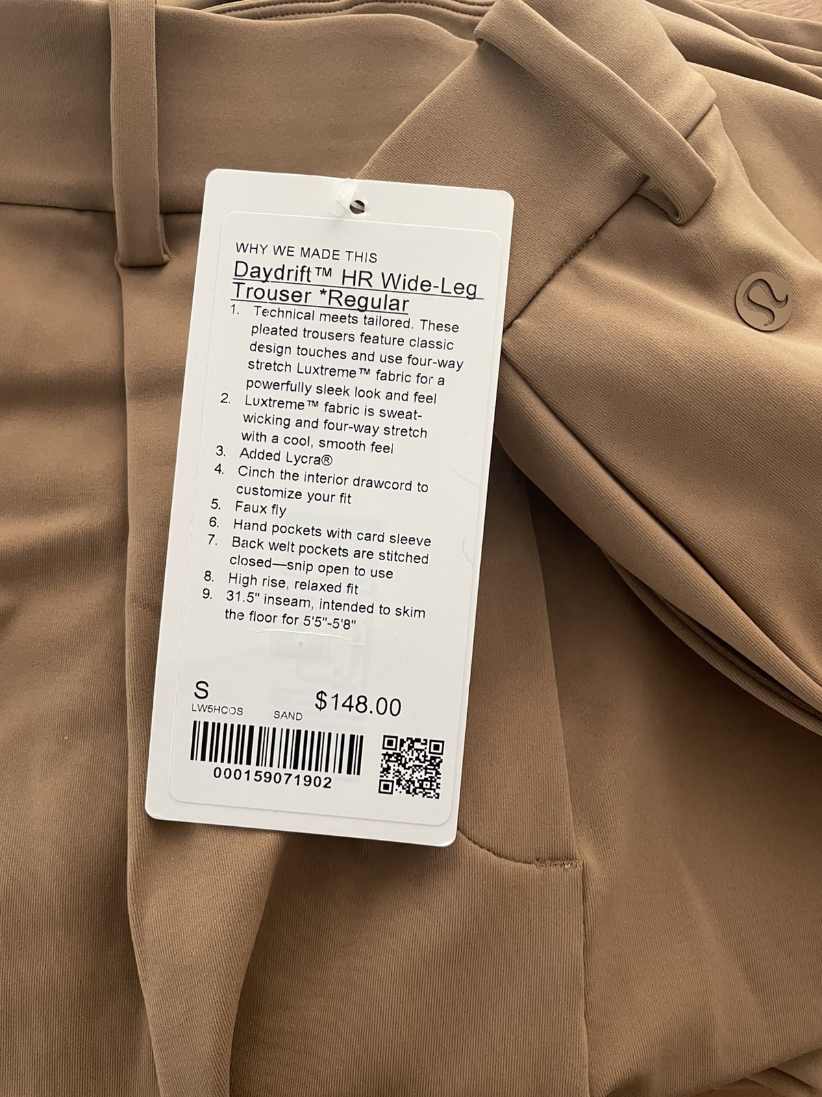 148$ Lululemon Daydrift HR Wide Leg Trouser Size S Sand Color BNWT.