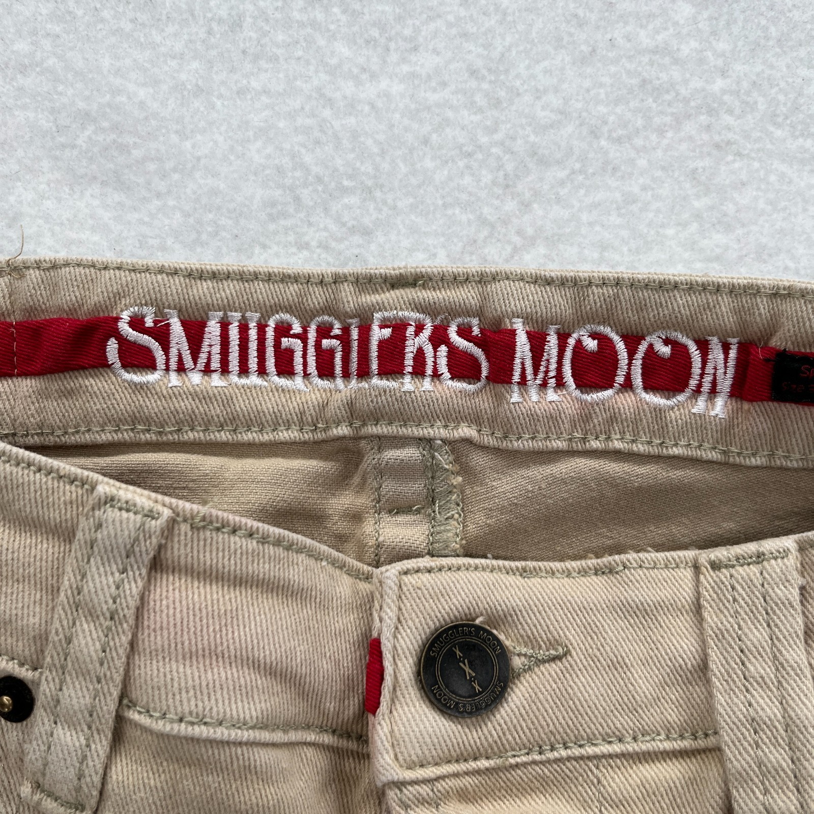 Smugglers Moon Jeans Mens 34×32 Khaki Beige Denim Button Fly Roll Up Distressed