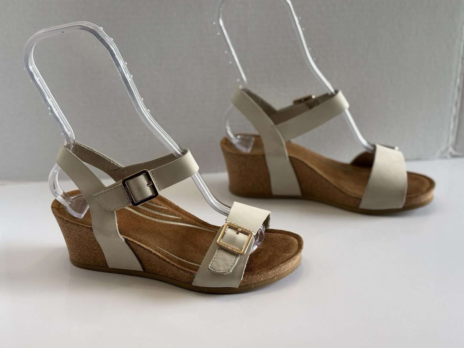 Aetrex Lexa Quarter Strap Wedge Sandals Women’s 7.5 Ivory Leather Open Toe Cork