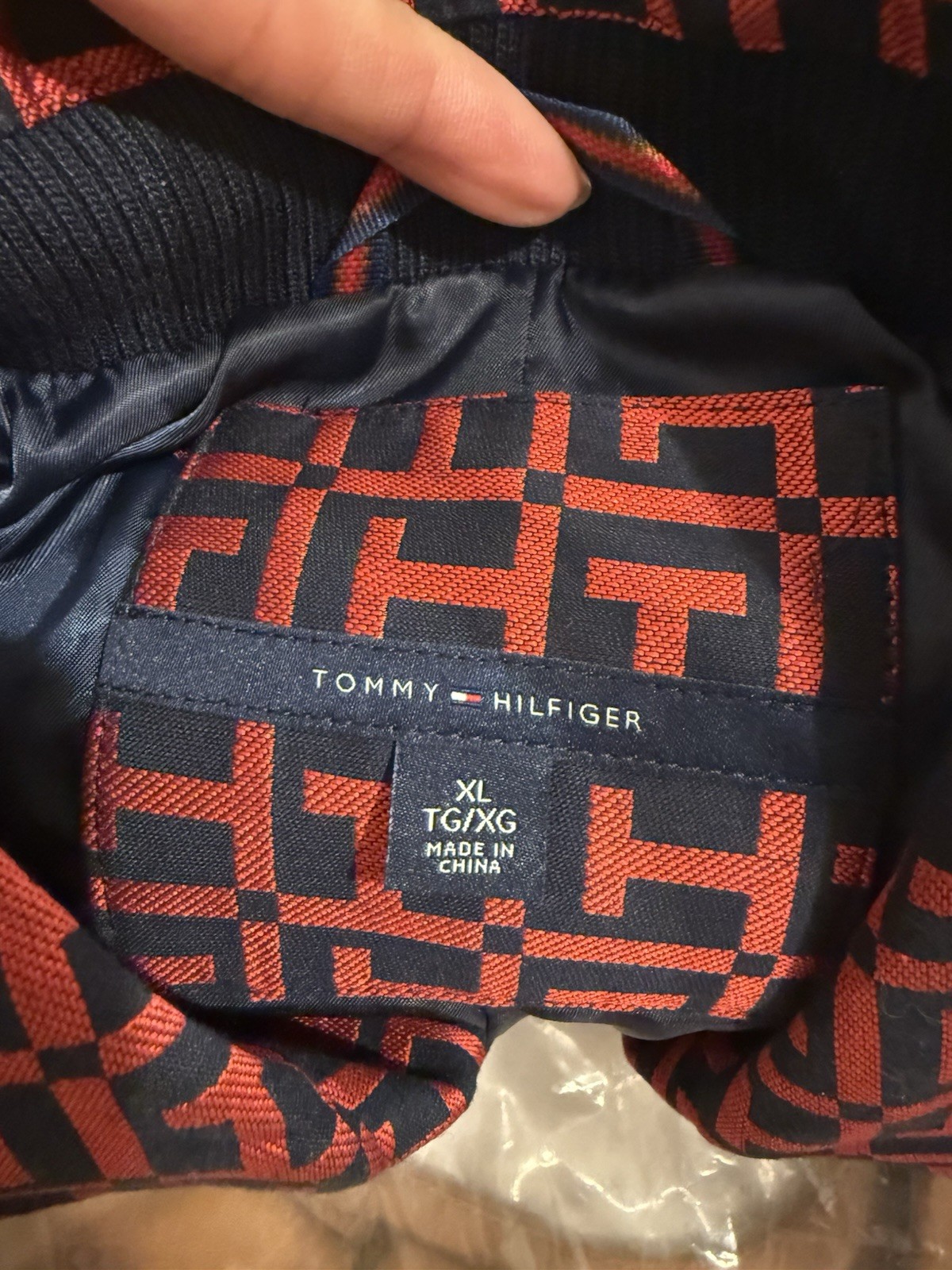 Tommy Hilfiger Pattern XL Red/Blue Geometric Full Zip Gold Buckle Collar Jacket