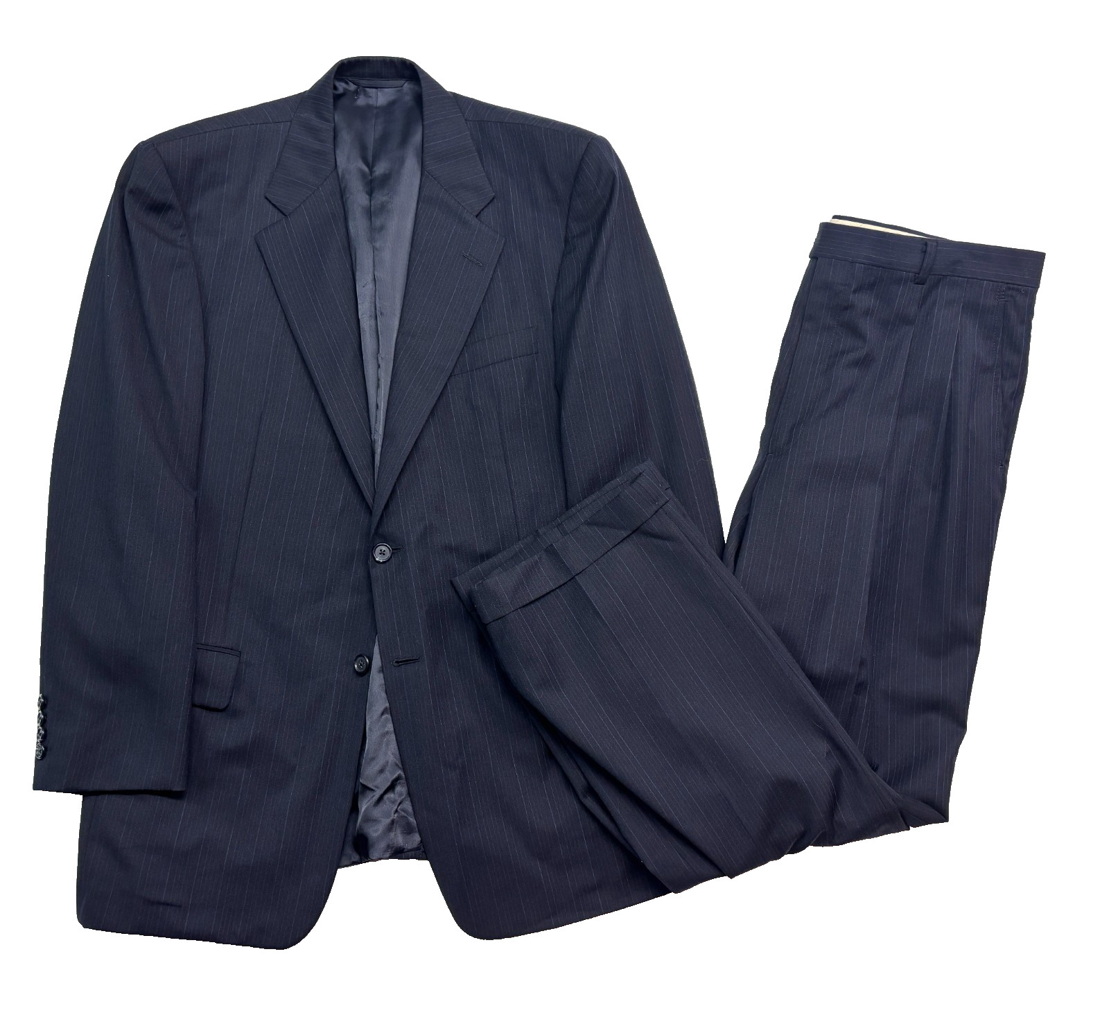 vtg Hickey Freeman 41R 42R 36×30 Navy Blue Stripe 2pc Pant Suit USA Flannel Wool