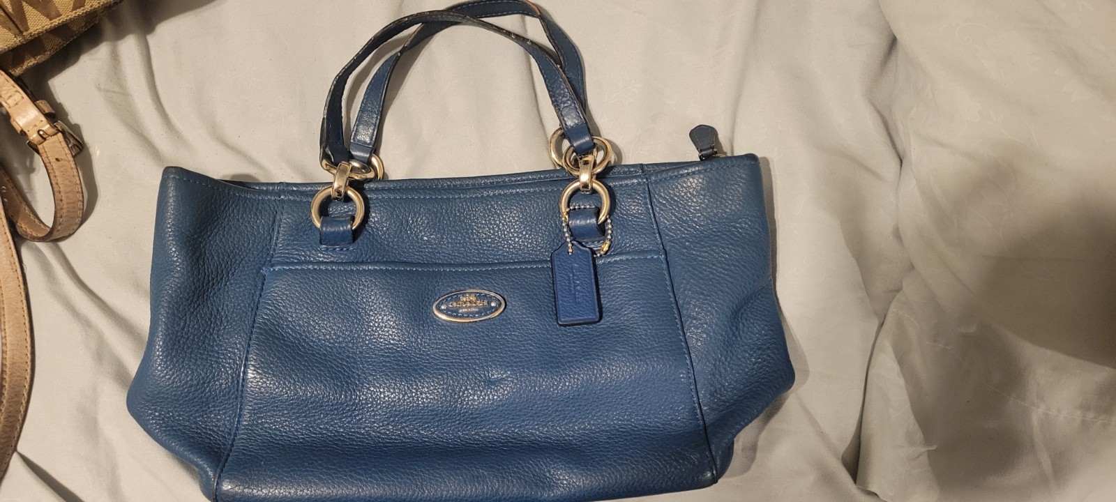 Coach Blue Pebbled Satchel Top Handle Bag Zip Closure Gold Hardware