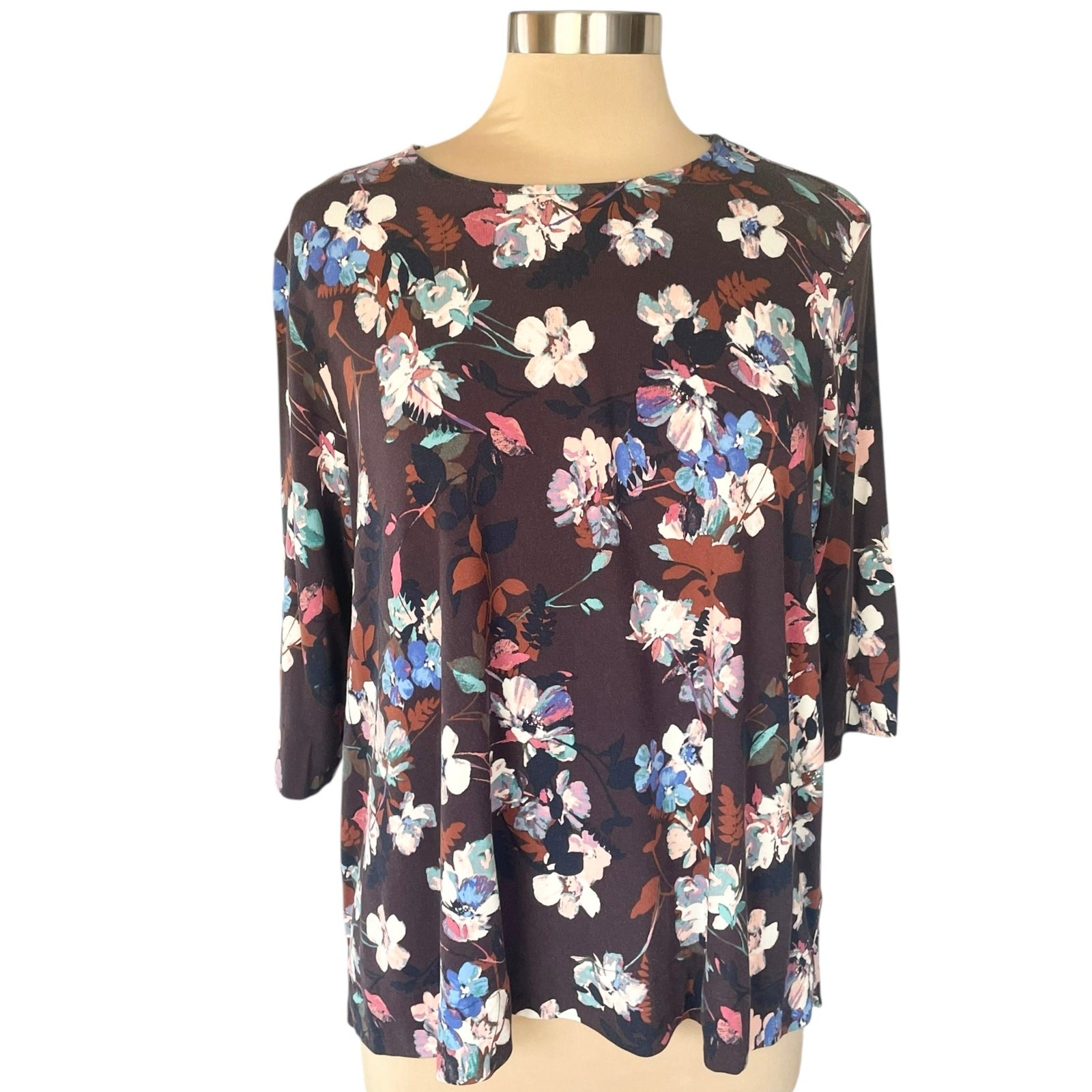 J. Jill Wearever Brown Blue Floral 3/4 Sleeve Tee Sz XLp Casual Office Work Wear