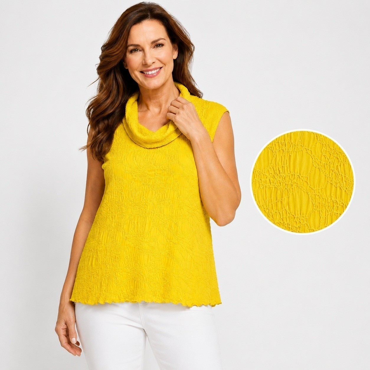 Joseph Ribkoff Yellow Textured Crinkle Cowl Neck Lettuce Edge Sleeveless Top 10