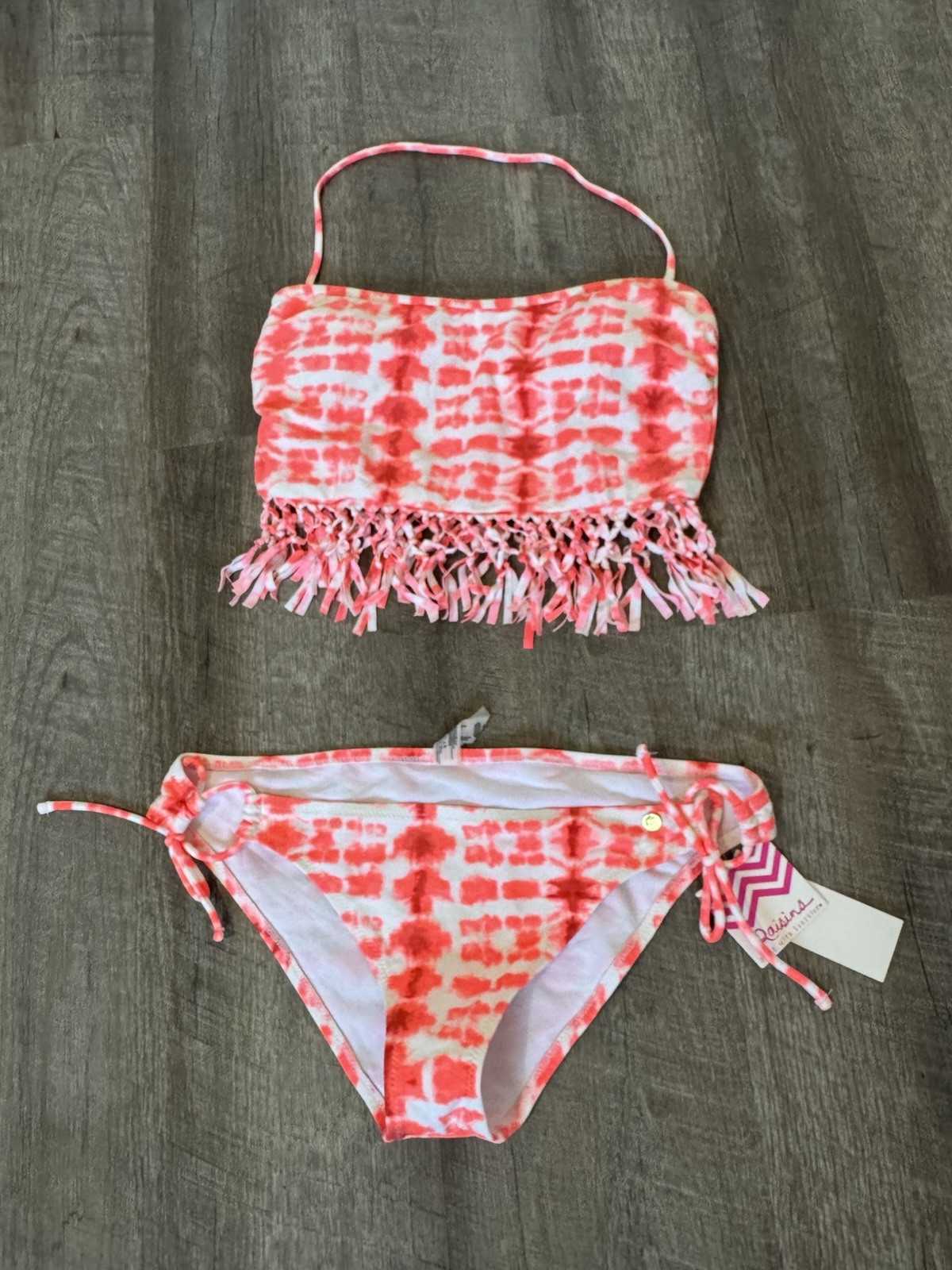 Raisins SWIM, Bikini Set, M, Coral/White Tie-Dye, Fringe Bandeau, Size: M, NWT