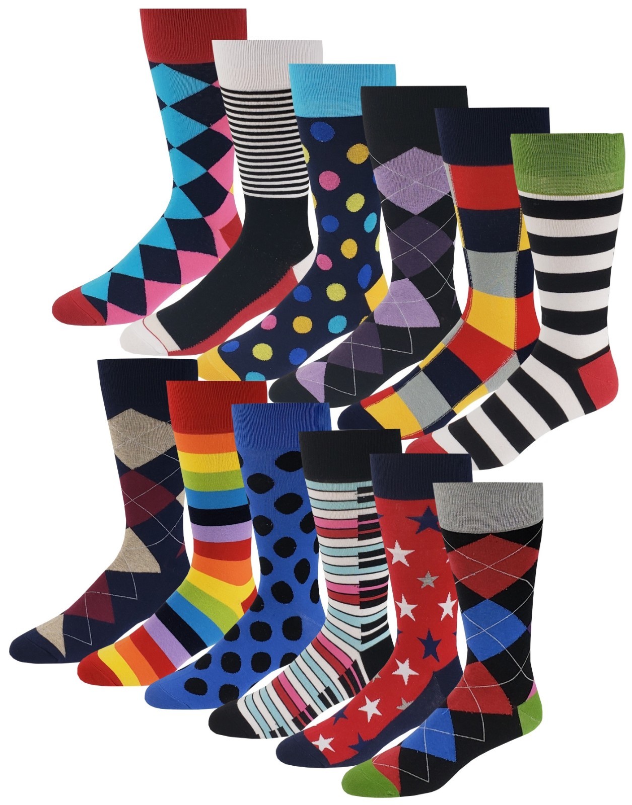 12 Pairs Men’s Colorful Funky Design Fashion Premium Cotton Dress Socks