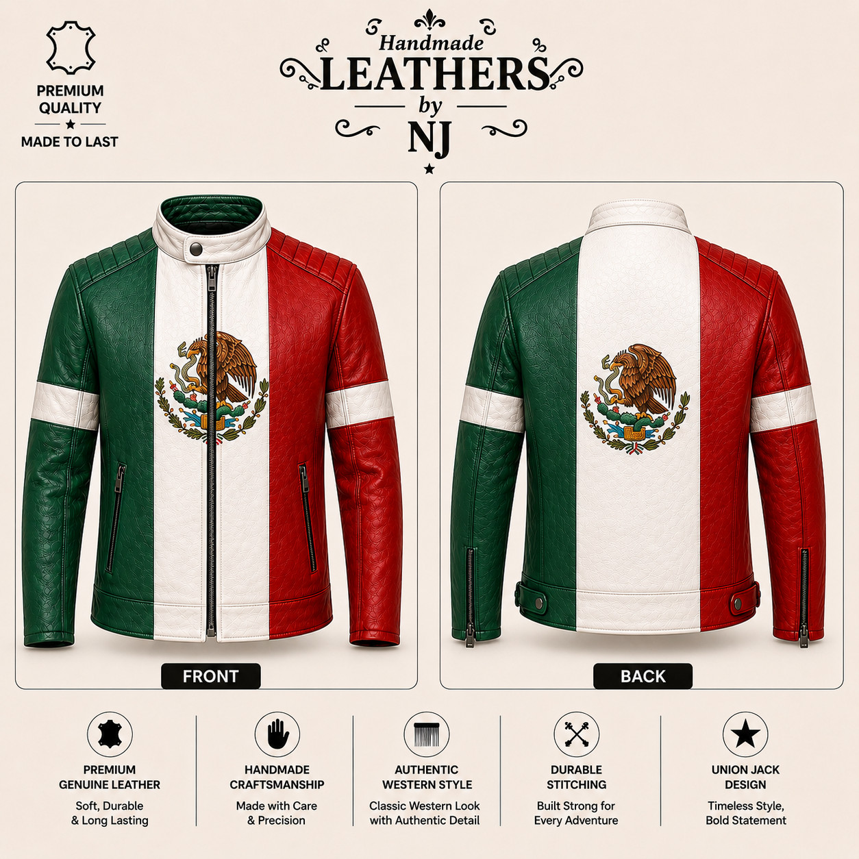 Mexican Flag Leather Jacket, Union Jack Leather Coat, Men Women Vintage