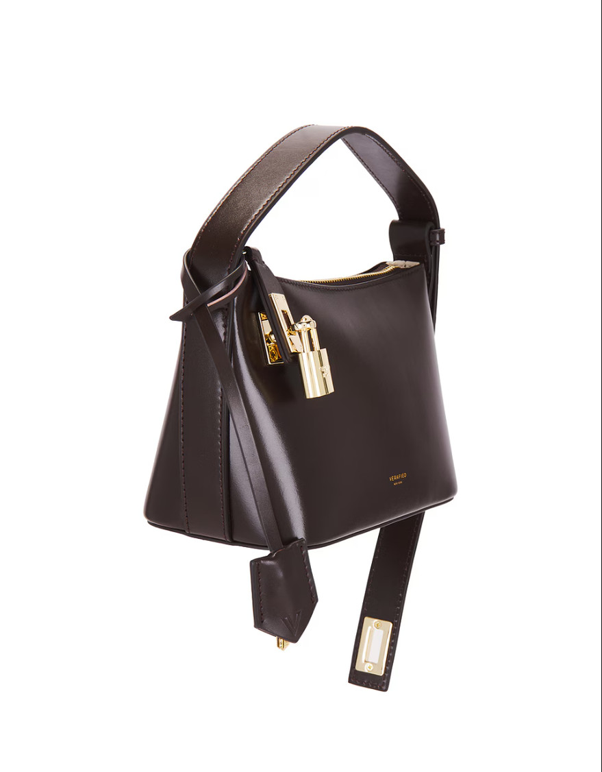 VERAFIED Mini Hobo Bag Leather Chocolate Gold Top Handle