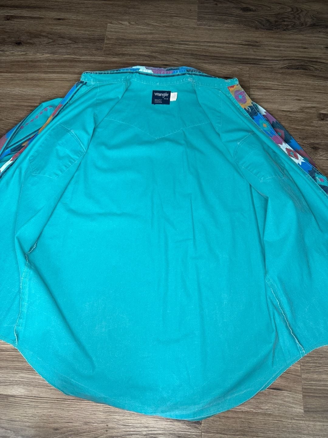 Vintage Wrangler Brushpopper Western Shirt Aztec Geometric Print Teal LongSleeve