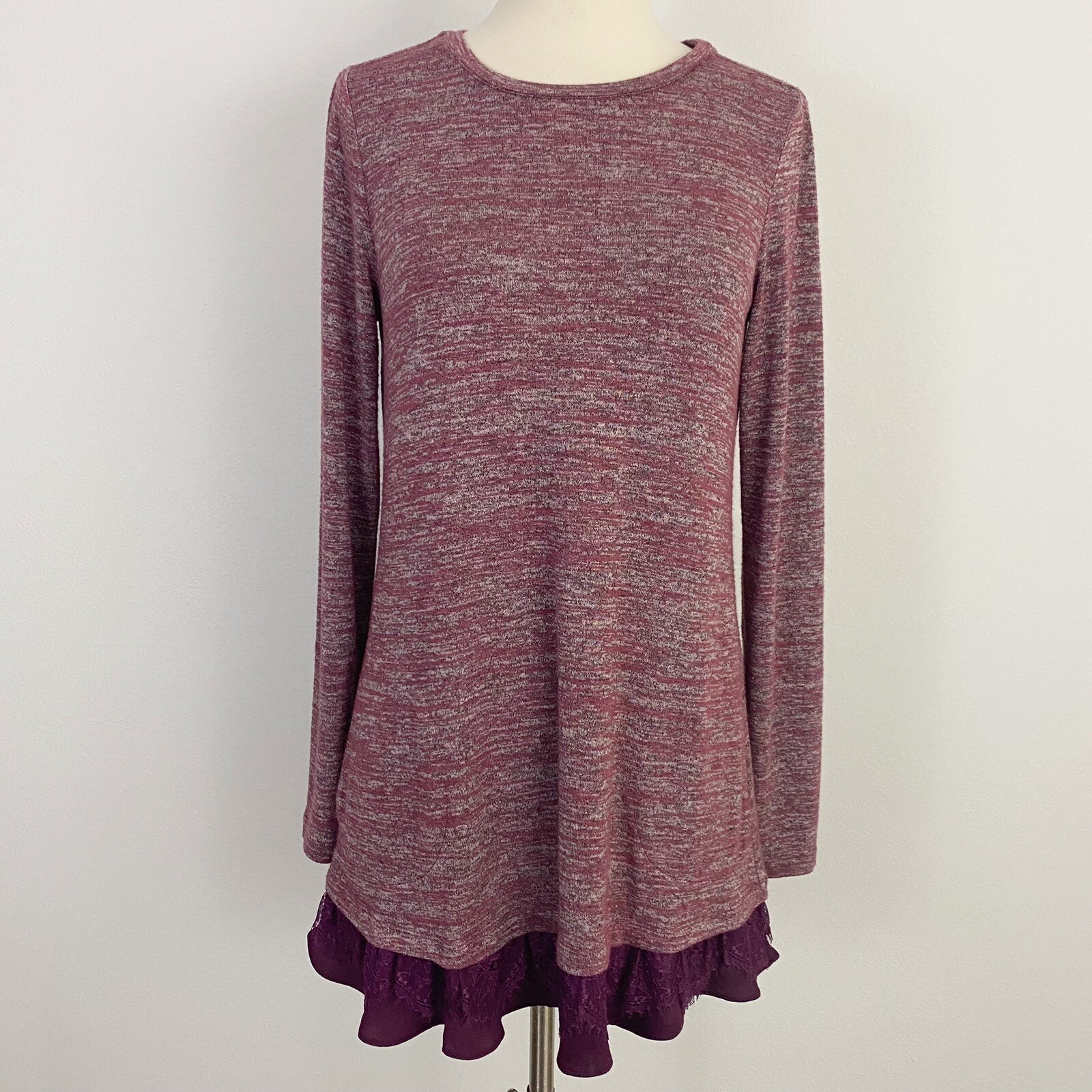 LOGO Lori Goldstein Layered Lace Hem Long Sleeve Marled Knit Tunic XS (2/4) Plum