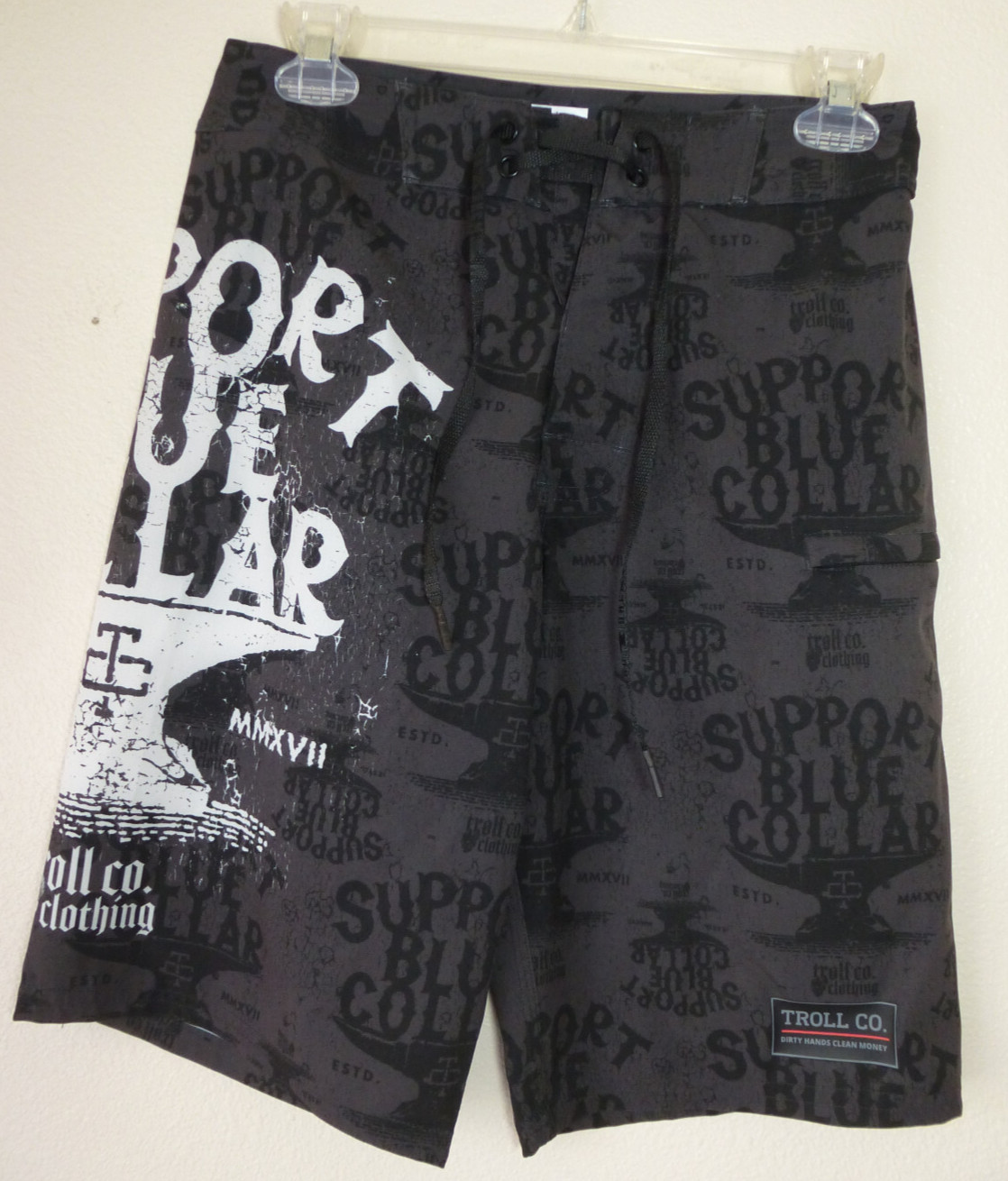 Troll Co Swim Trunks Mens 30 Black Grunge Skull Support Blue Collar Board Short