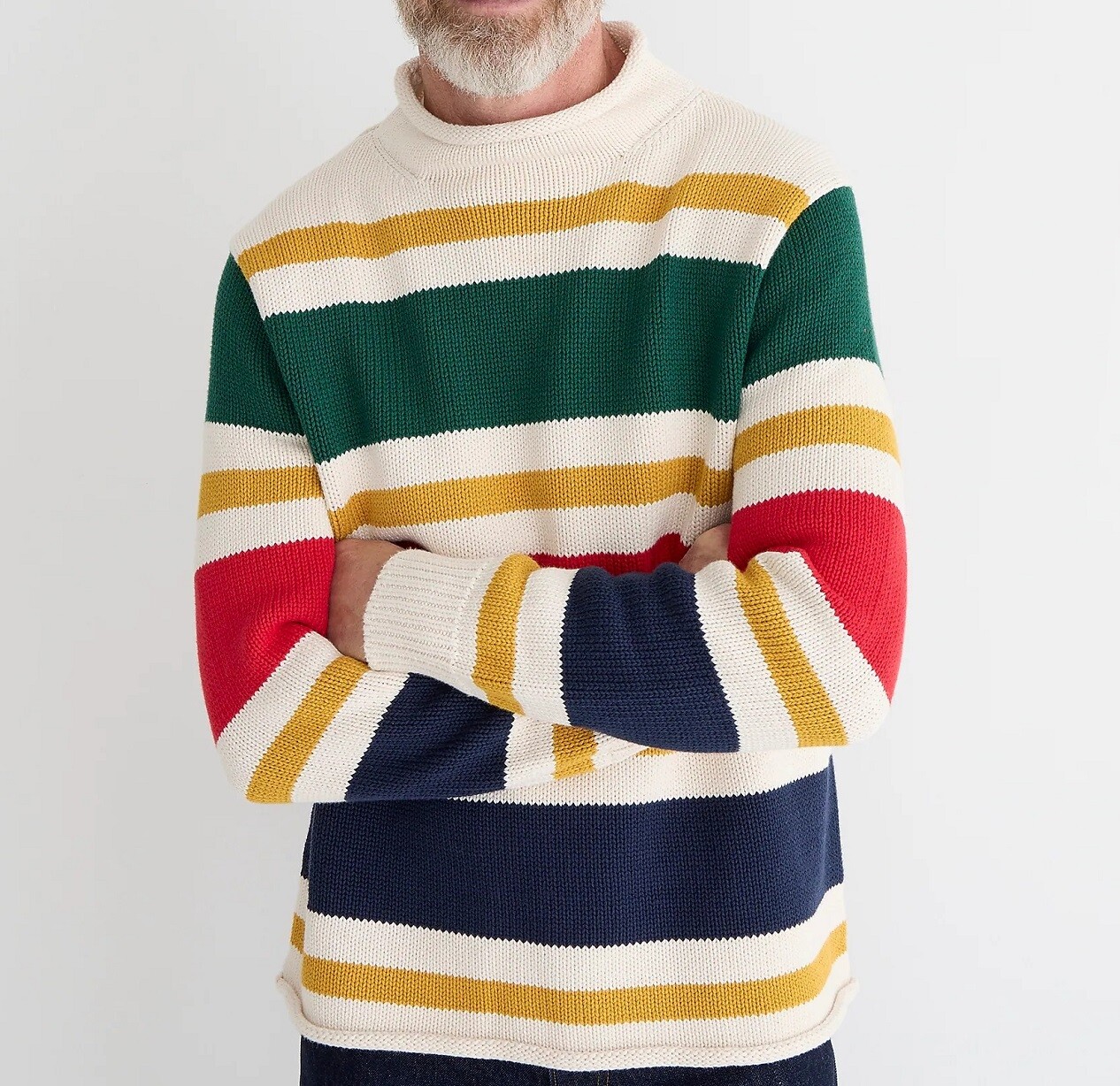 J.CREW roll neck sweater stripe white red green navy cotton chunky fisherman’s