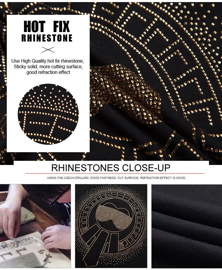 Fashion Trend Character Rhinestone Long Sleeve Luxury Men V-Neck T-Shirt