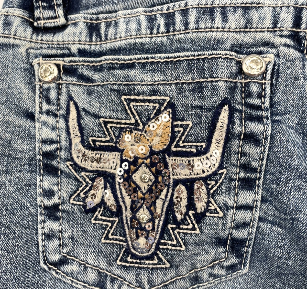Stella In Dreams Bootcut Jeans 7/28 Western Longhorn Embroidered Bling Pockets