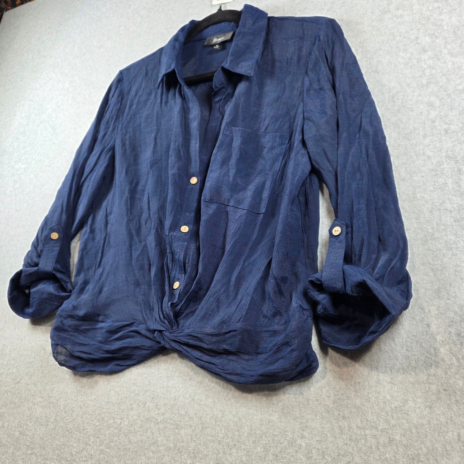 B-Wear Women Navy Blue Twist Front Roll Tab Sleeve Button Up Blouse Size M