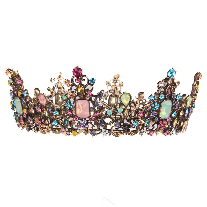 6cm Tall Multi-Color Crystal Gold Large Round Crown Wedding Prom Queen Princess