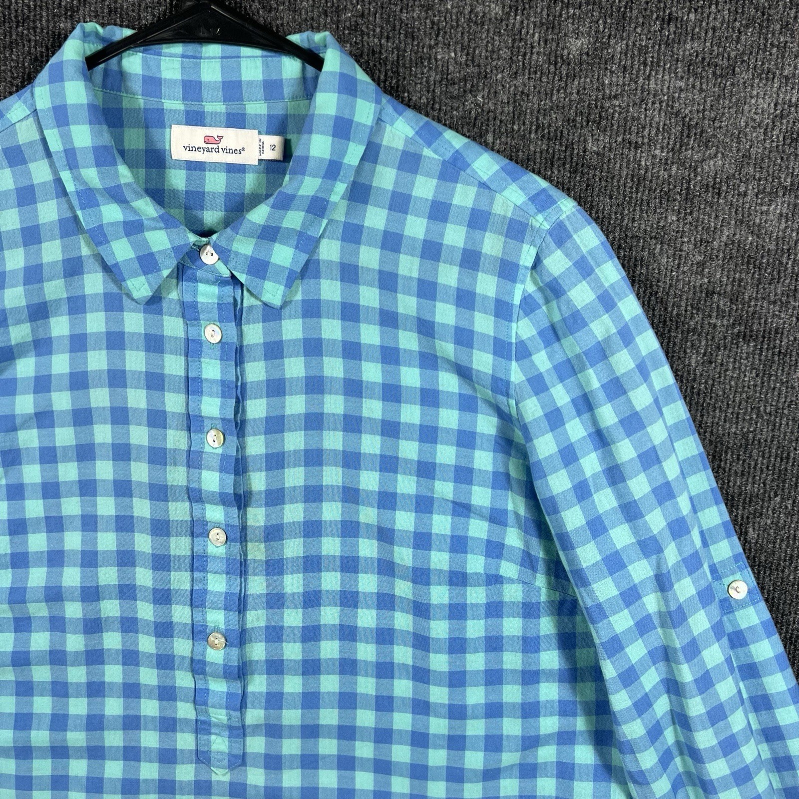 Vineyard Vines Women’s Gingham Popover Shirt Size 12 Turquoise/Blue Check