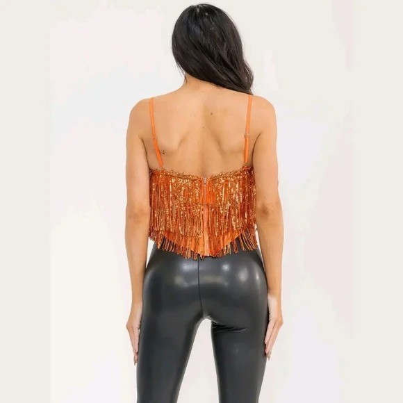 Orange Sequin Fringe Top Cropped Tassel Clubwear Glitter Rave Disco Cowgirl M