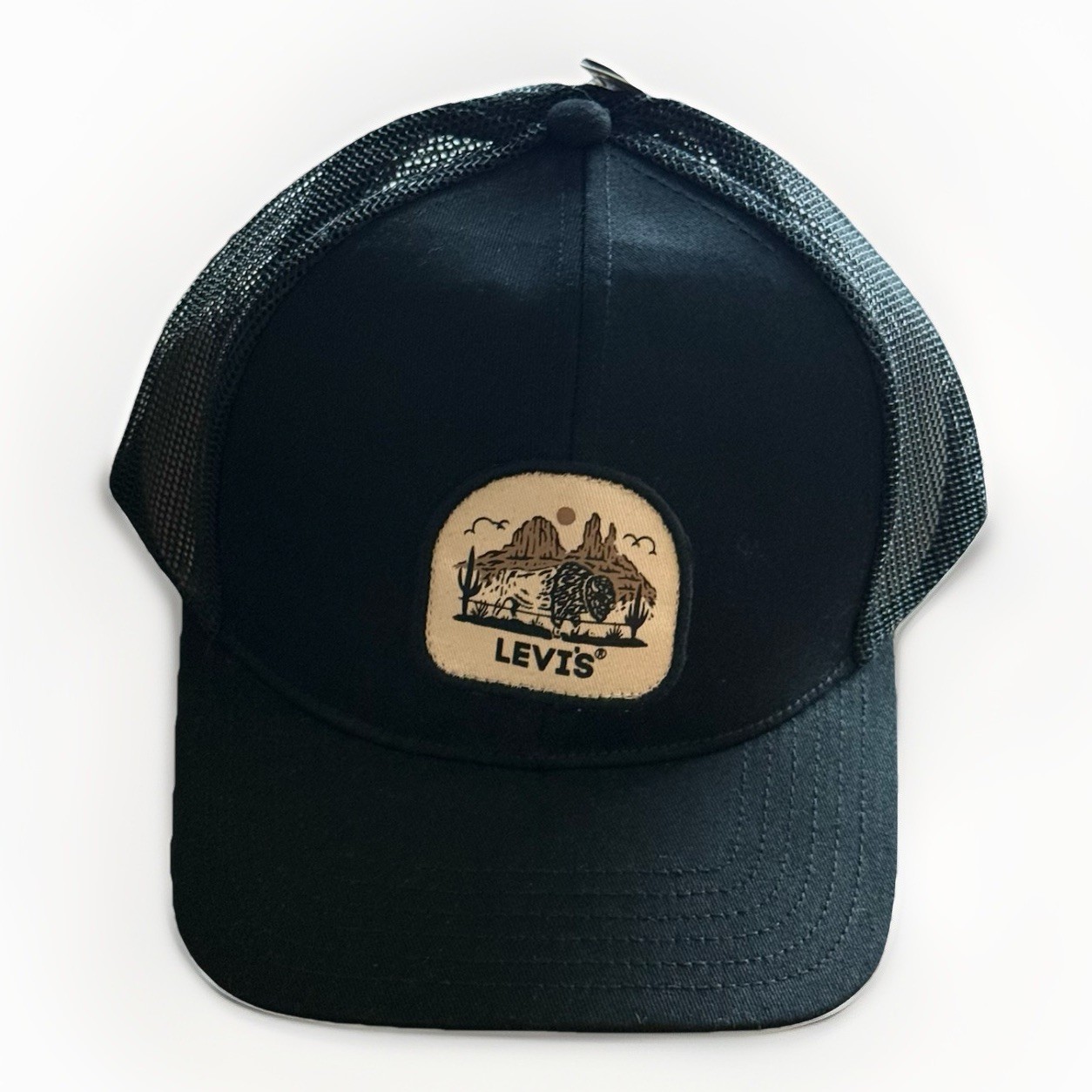 LEVI’S Trucker Hat Black Mesh Mens ONE SIZE adjustable Desert Buffalo casual NWT