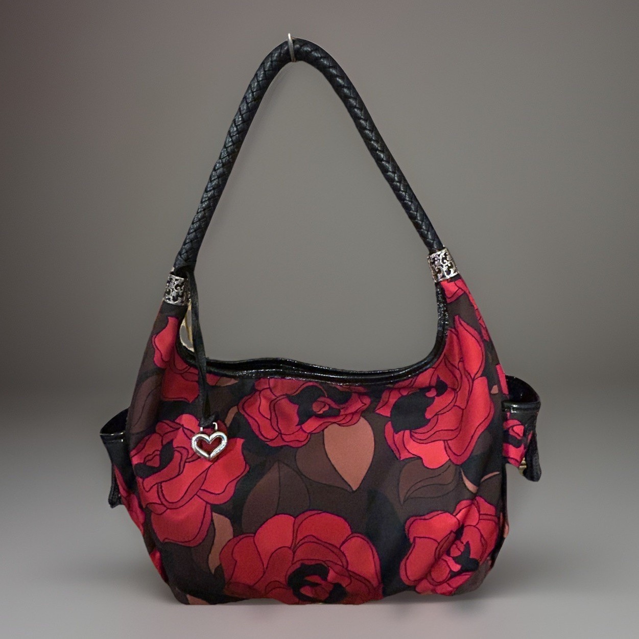 Brighton Jillian Red Rose Hobo Bag Black Woven Strap Womens Purse Large