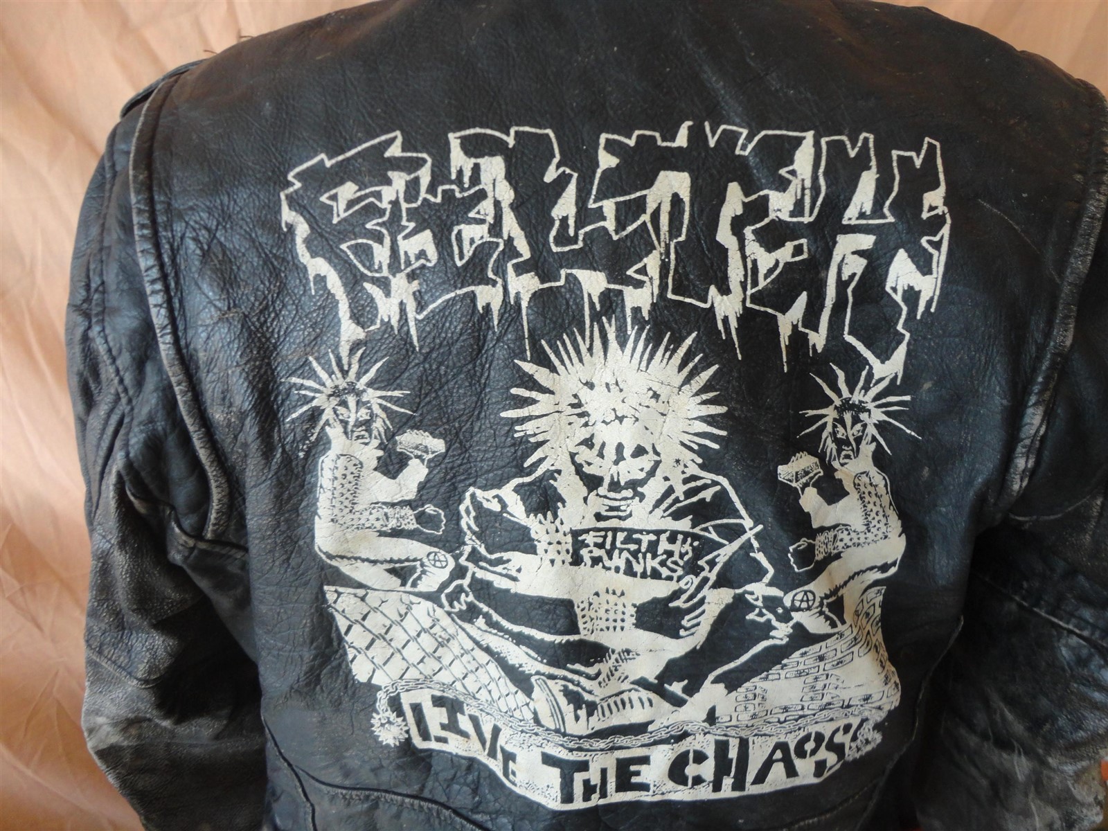 Vtg FILTH Live The Chaos Punks Umr Motorcycle Biker Punk Rock Leather Jacket M