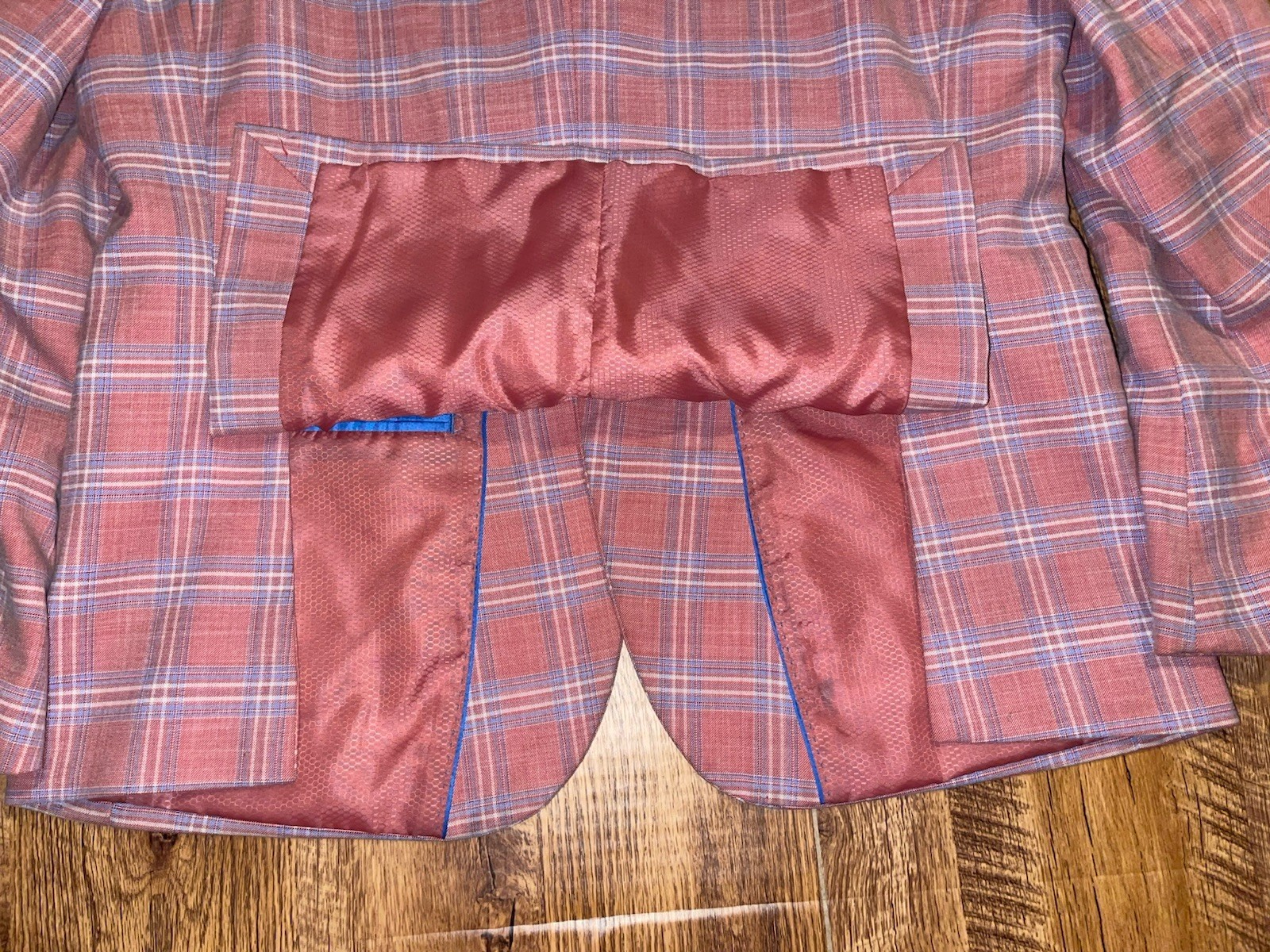 Men’s Lineage Pink Blue Plaid Polyester Blend Blazer Suit Sz 42S Pants 35×29
