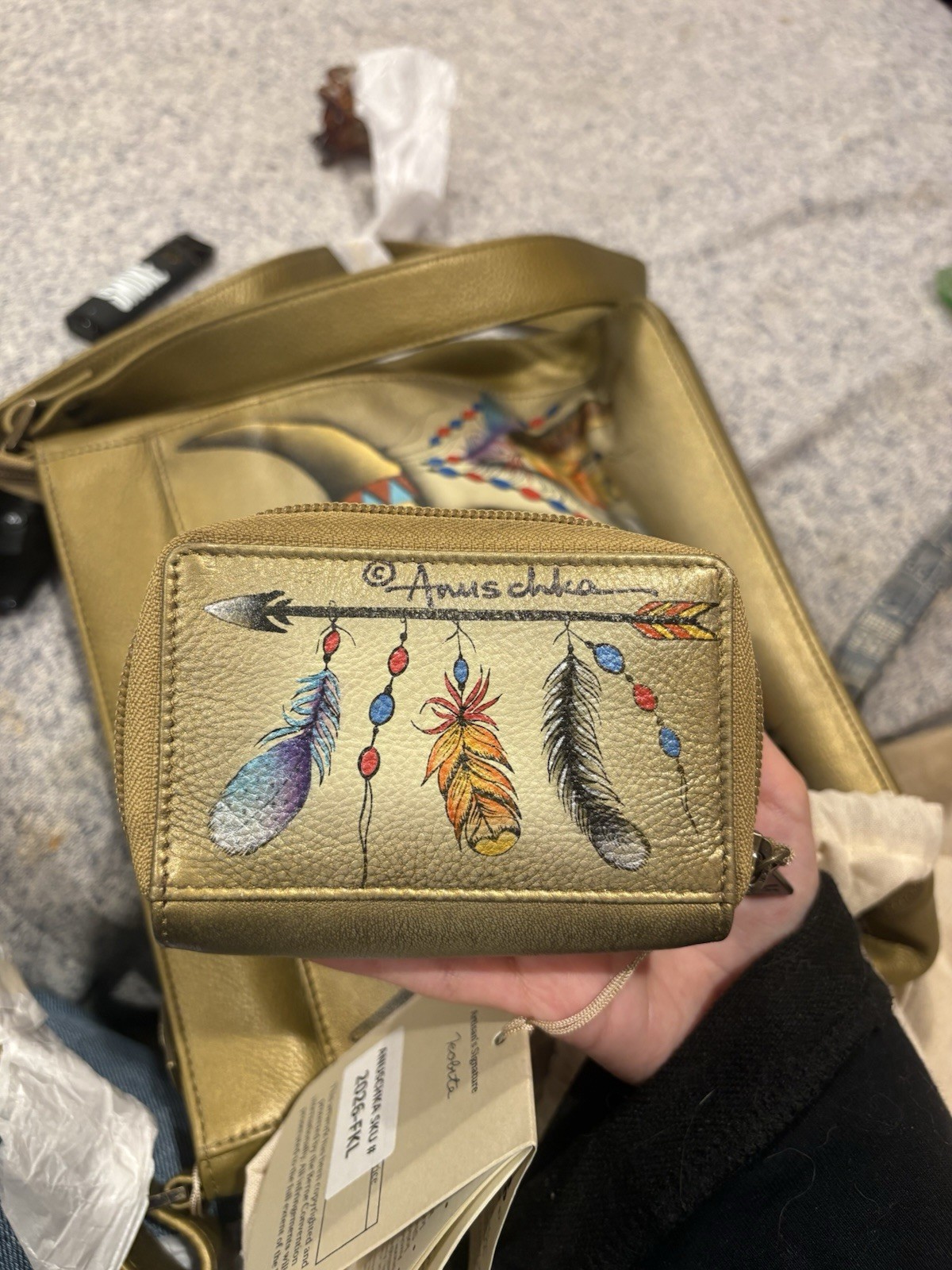 Anuschka Zip-Around Wallet Gold Feather Print Zipper Credit Card Women