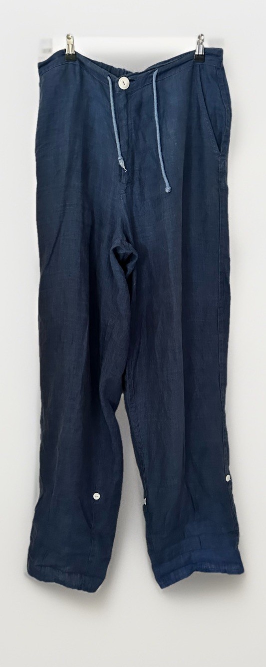 Flax By Jeanne Engelhart Linen Pants Womens M Blue Wide Leg Roll Cuff Lagenlook