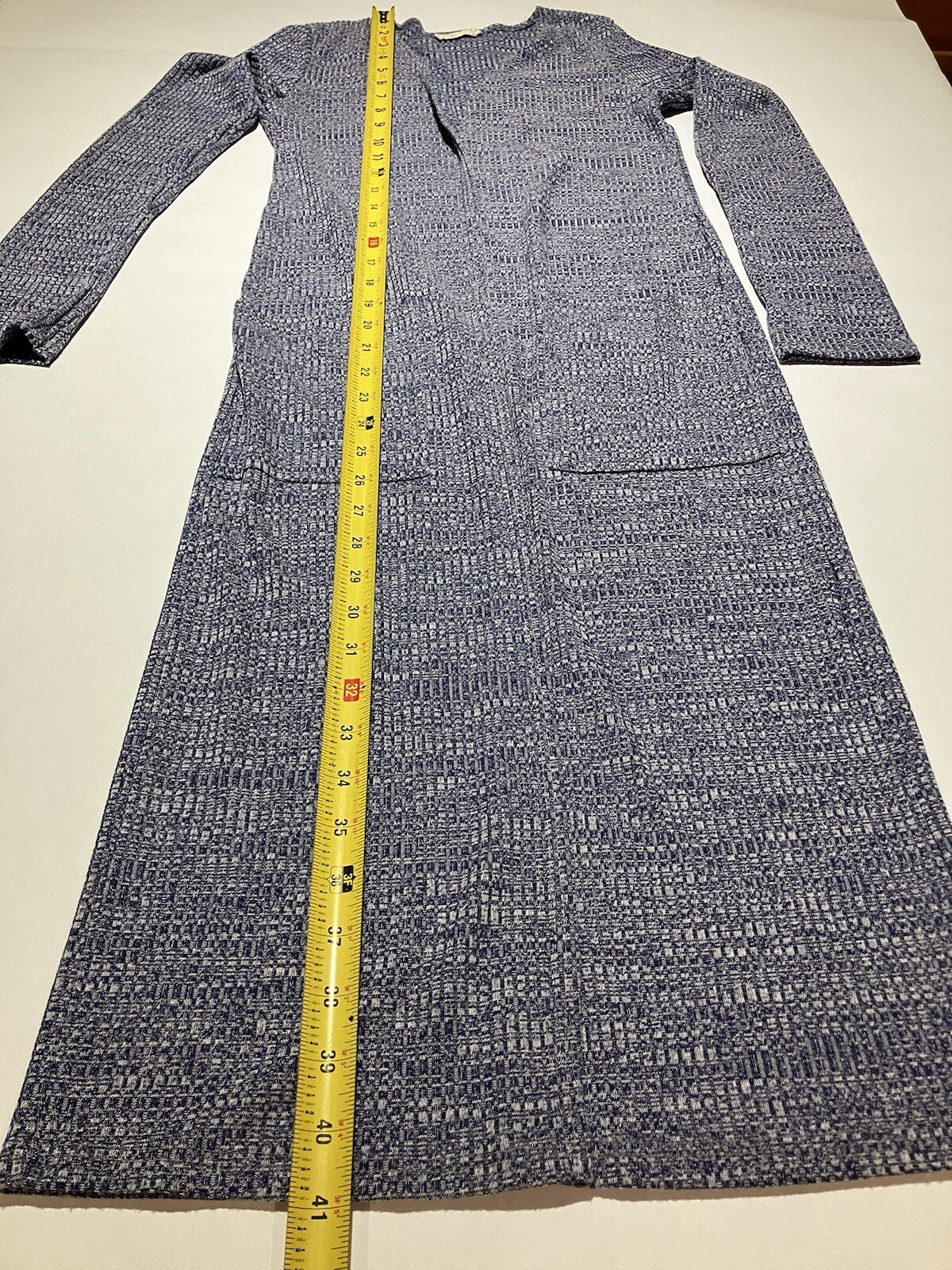 Olive Rae static blue open duster sweater pockets medium made in USA all seasons