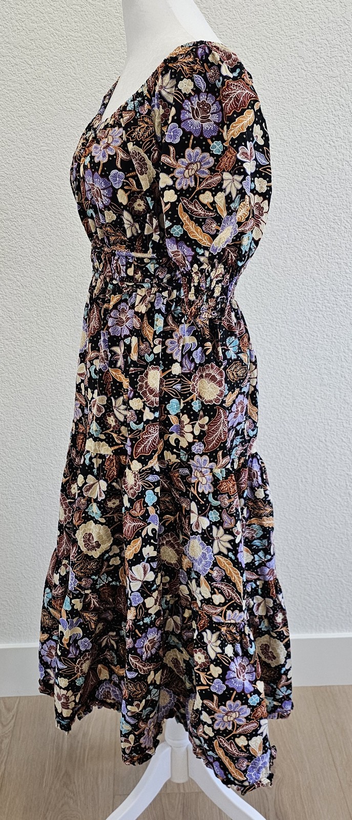 Ann Taylor Midi Peasant Dress Black Floral Tiered Skirt Ruffle Hem Size 2