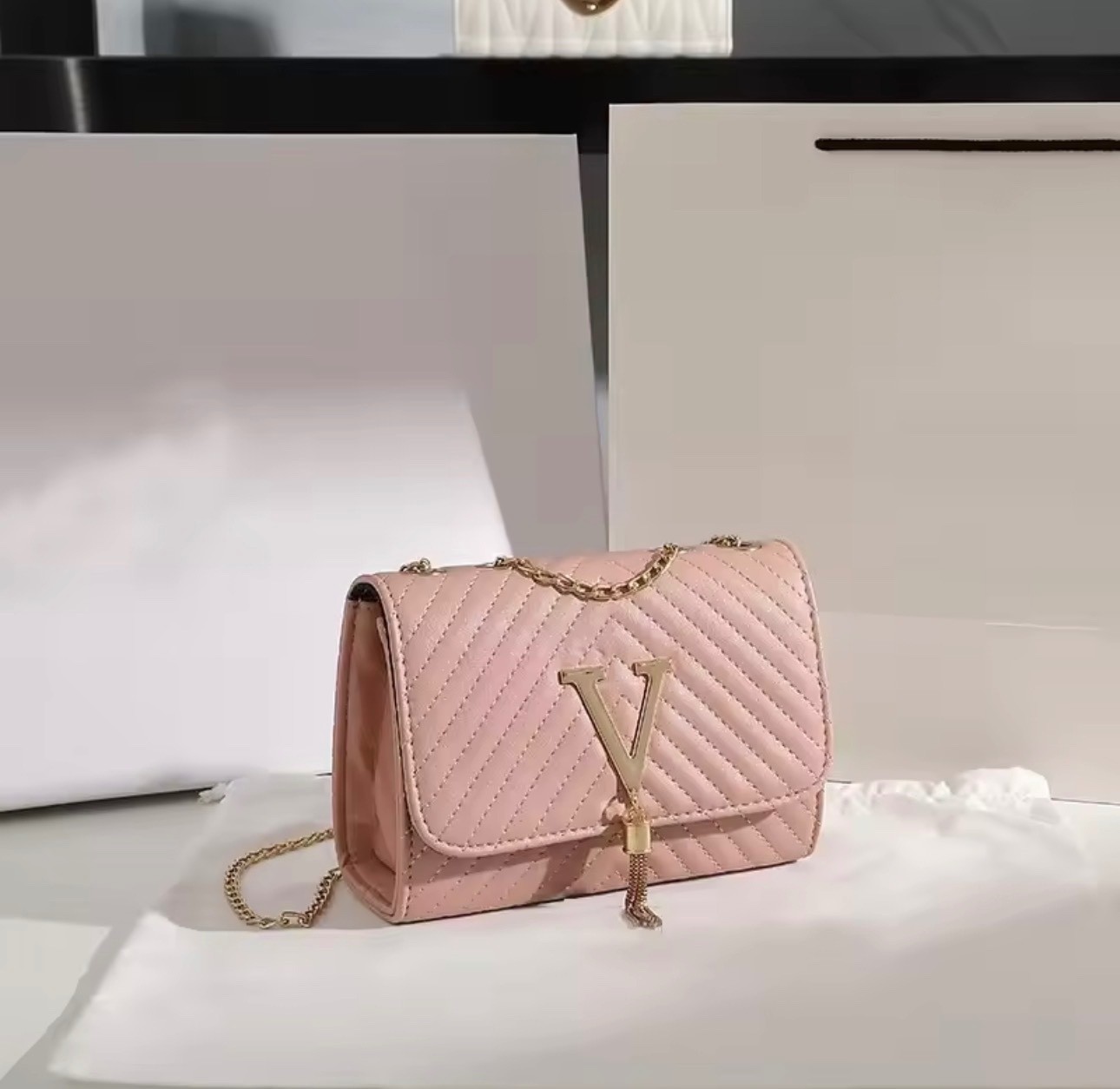 Women Chevron Quilted Chain Crossbody Bag V Logo Tassel Shoulder Flap Handbag